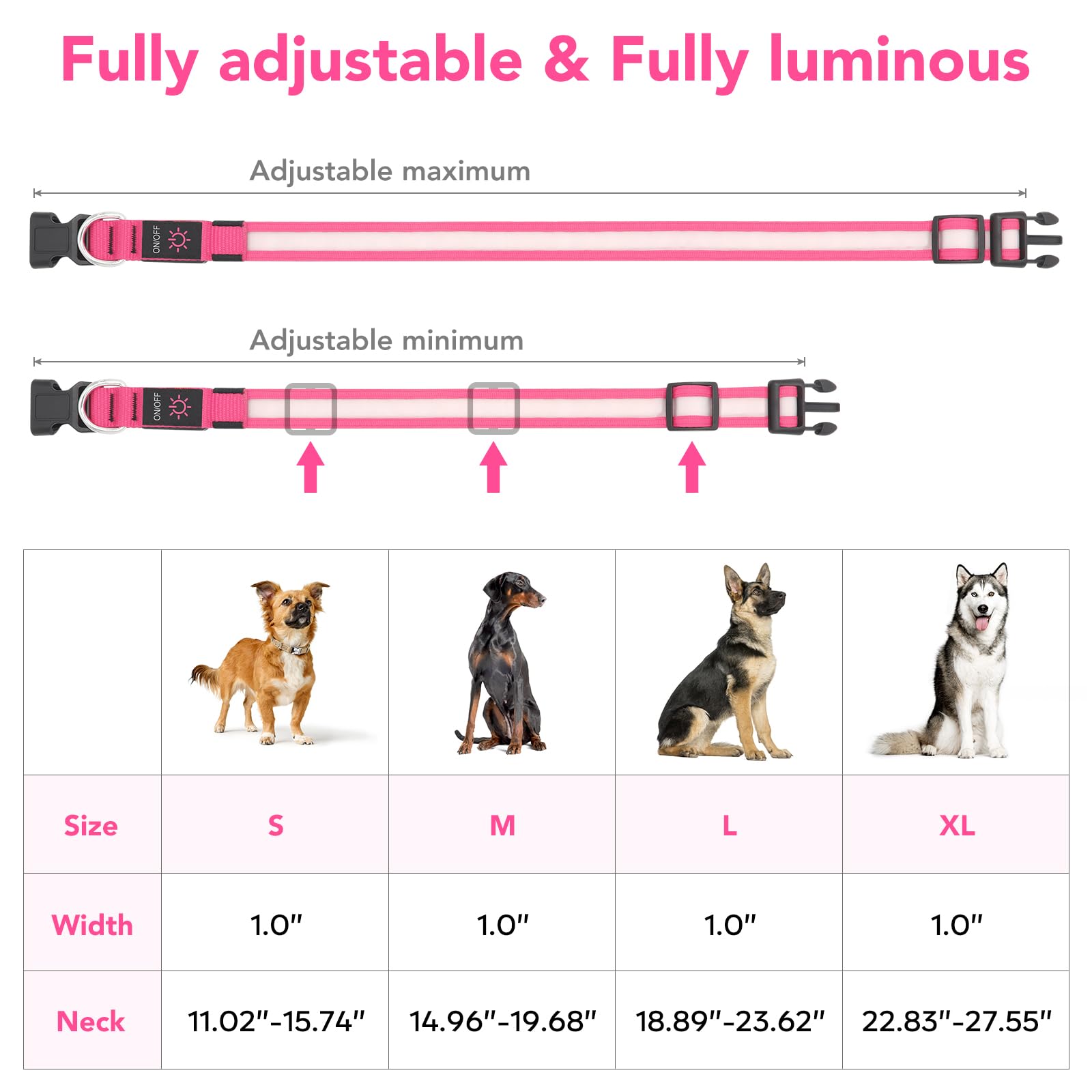 Vizpet Led Dog Collar, Light Up Dog Collar Adjustable Usb Rechargeable Super Bright Safety Light Glowing Collars For Dogs (X-Large, Pink)