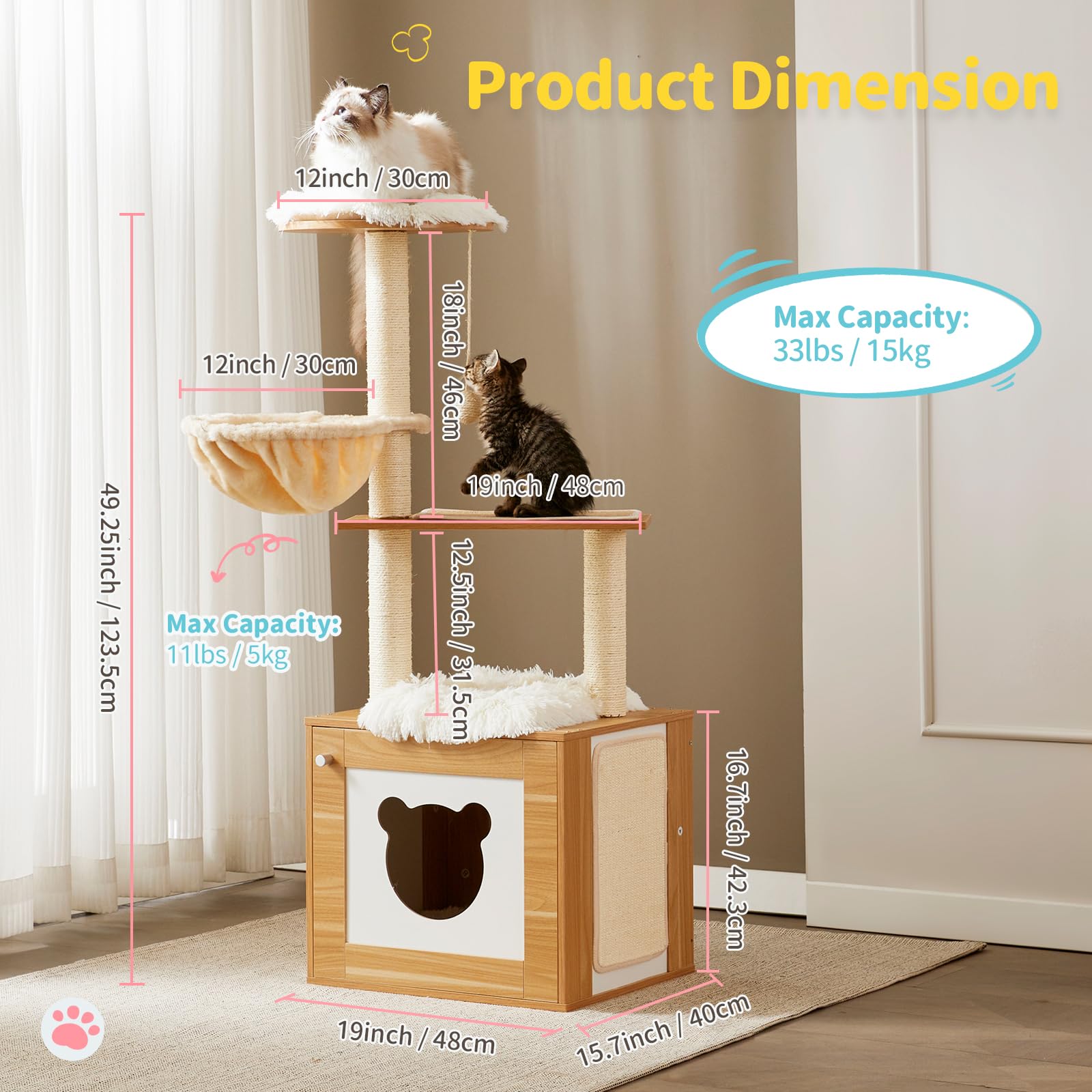 Made4Pets Cat Tree with Litter Box Enclosure, 2-in-1 Modern Cat Tower for Indoor Cats, 48.6  Wood Kitten Condo with Scratching P