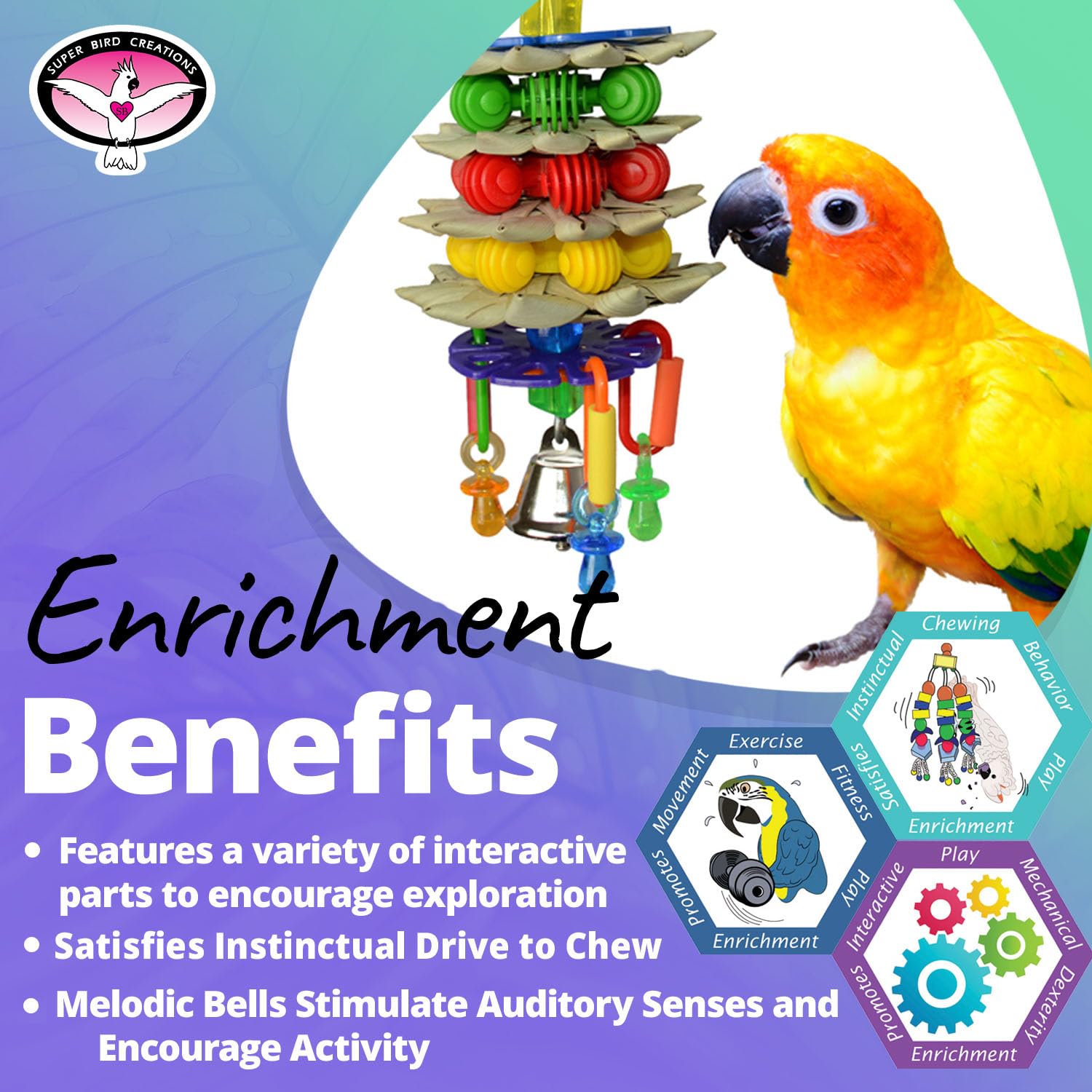 Super Bird Creations Sb765 Triple Decker Bird Toy For Medium Sized Pet Birds - Ringnecks, Medium Conures, Cockatiels, Caiques, Pionus, Senegals - Bird Safe Component And Design - 8' X 3'