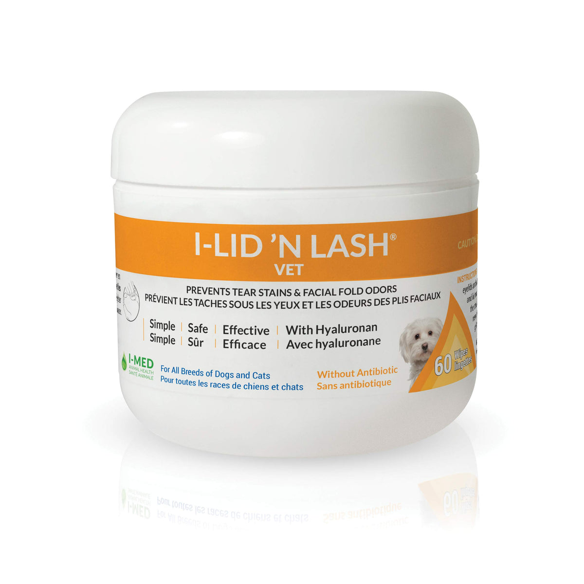 I-Lid N Lash Vet Dog Eye Wipes - Best Tear Stain Remover For Dogs (60 Wipes) | Prevents Puppy Tear Stains With Hyaluronan | Cat 