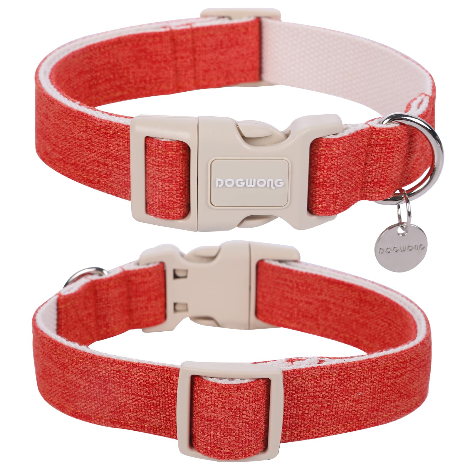 Dogwong Cotton Hemp Dog Collar, Heavy-Duty Orange Adjustable Soft Natural Fabric Puppy Necklace For Small To Large Dogs