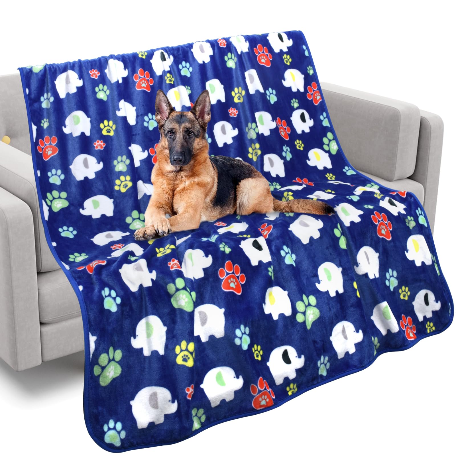 Rezutan Soft Fleece Dog Blanket, 60X50 inches, Blue Elephant Pattern and Paw Prints, Polyester, Breathable, Fade Resistant, Ligh