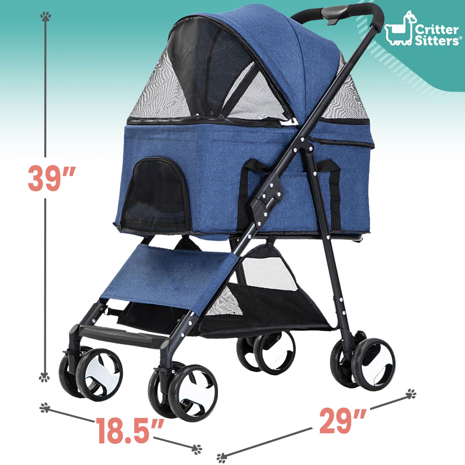 Critter Sitters Pet Stroller With Storage Basket, Single Carriage Carrier For Animals Up To 33 Lbs., 4-Wheel, Travel And Transpo