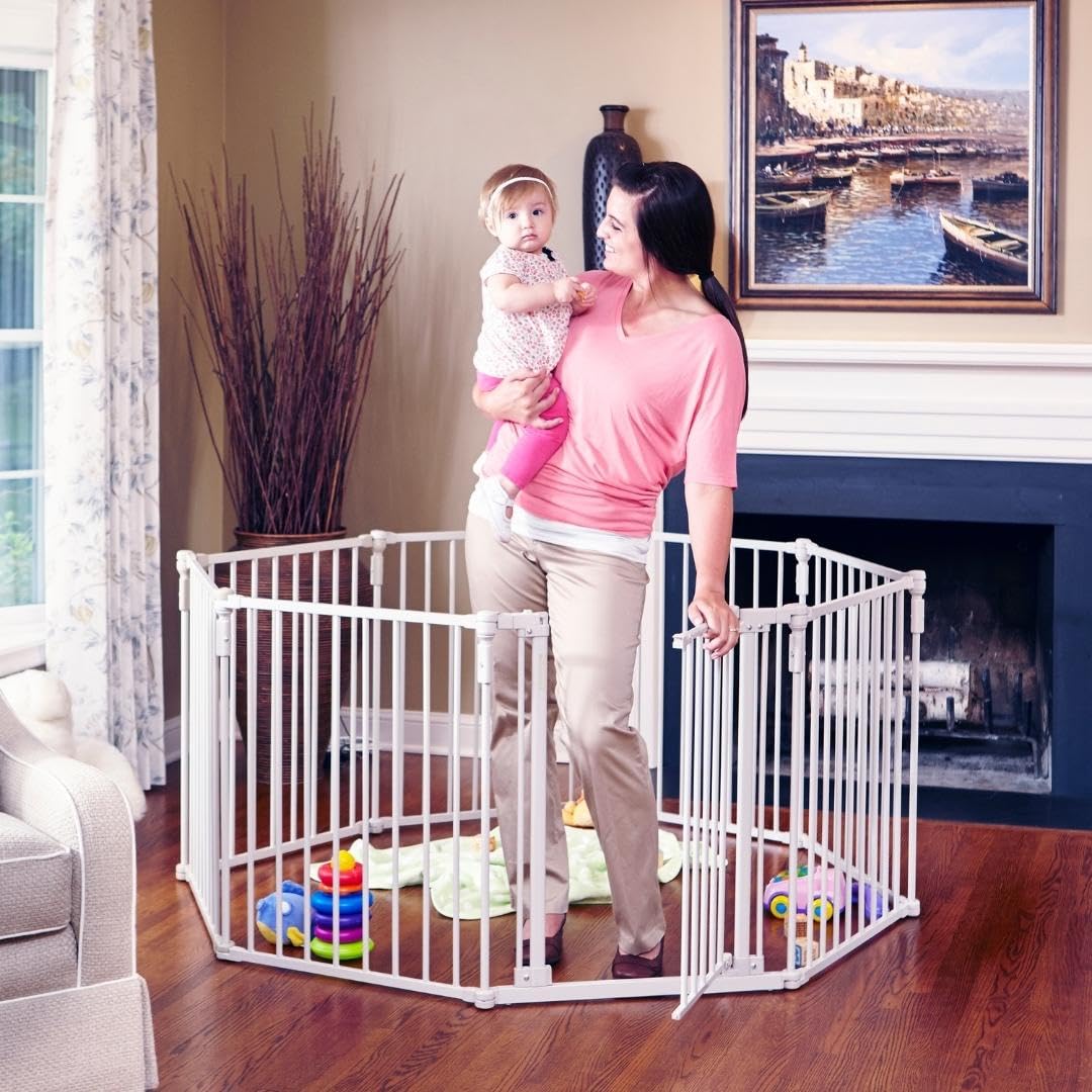 Toddleroo By North States 3 In 1 Metal Superyard 8 Panel Play Yard, Baby Gate, Playpen Or Extra Wide Baby Fence, 199' Wide. Wall Mount Kit Included. 19 Sq Ft Play Yard (30' Tall, Taupe)