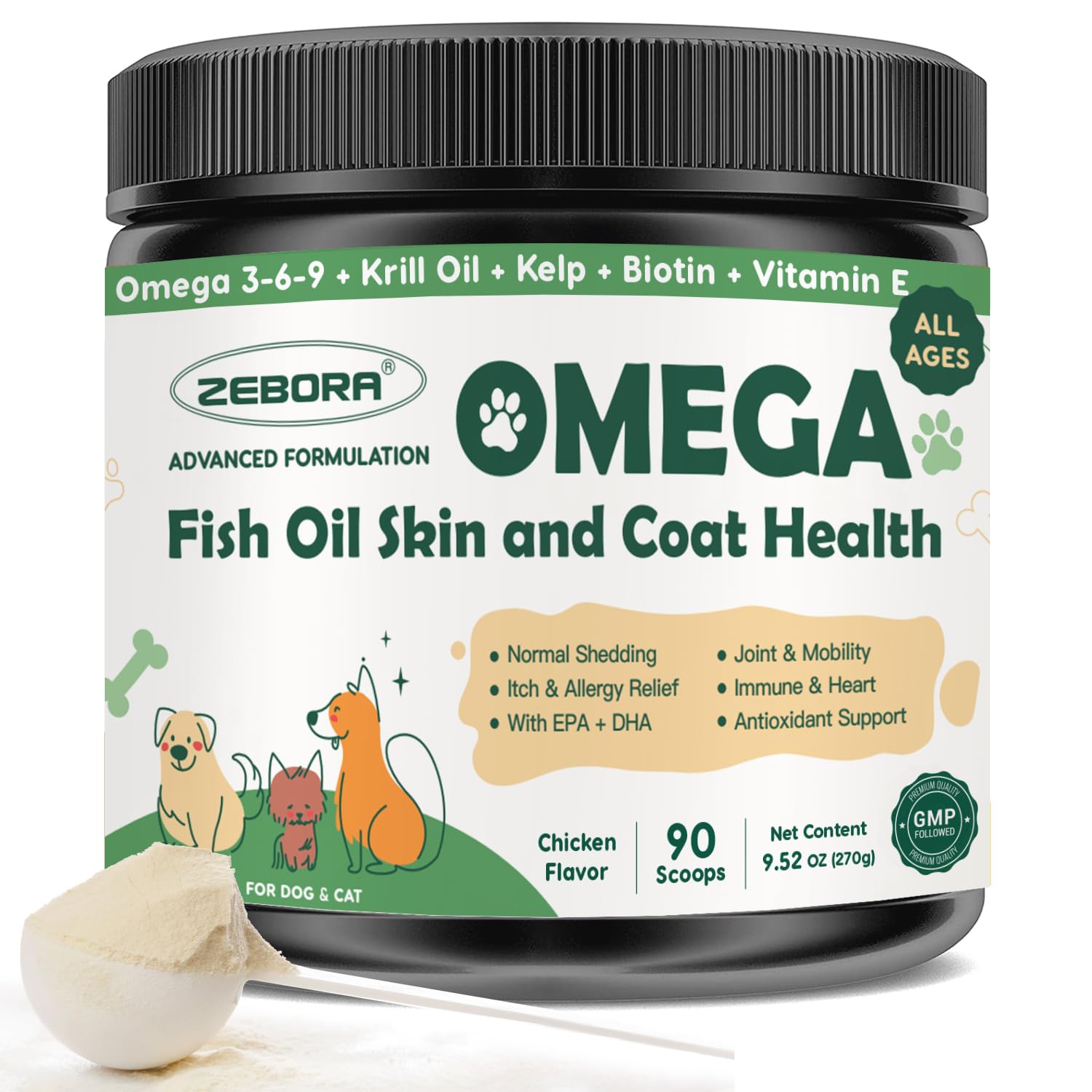 ZEBORA Omega 3 Fish Oil for Dogs, Wild Caught Dog Fish Oil, EPA & DHA, Krill Oil, Kelp, Skin and Coat Supplement, Anti Itch & Sh