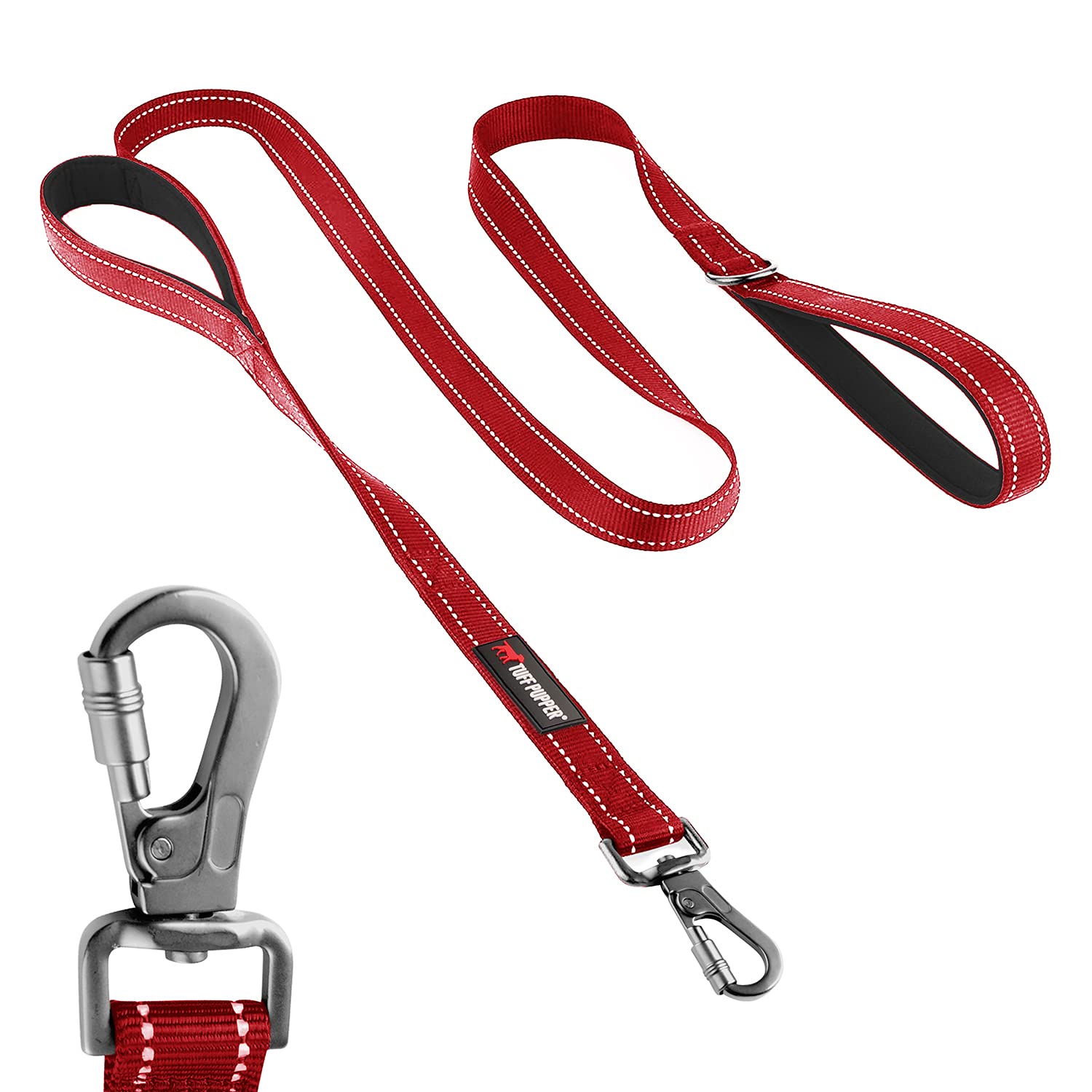 Tuff Pupper Heavy Duty Double Handle Leash - Twist Lock Carabiner Clip For Strong Medium & Large Dogs - Reflective, 6Ft