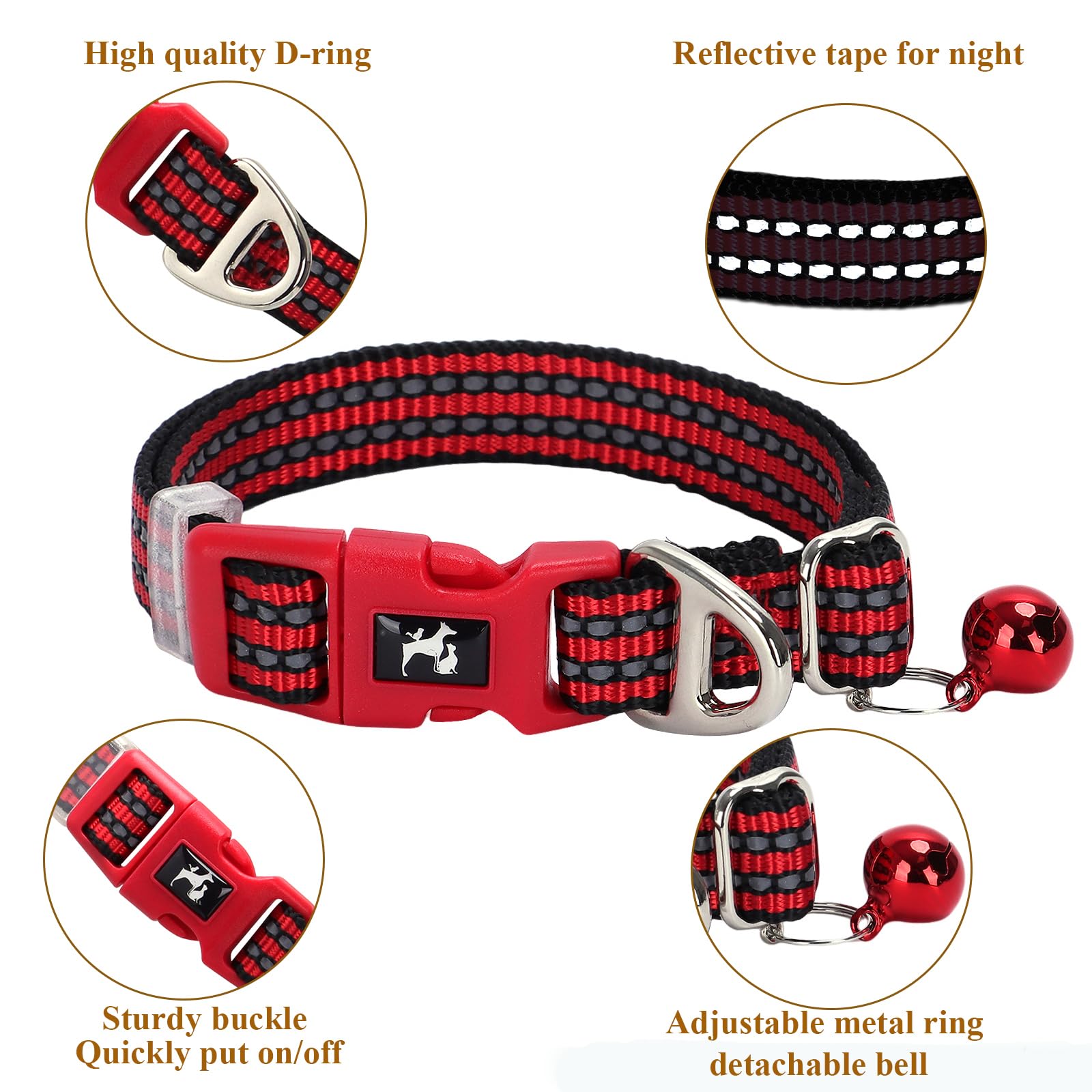 Onefojojo Adjustable Puppy Collar With Bell - Reflective Nylon Dog Collar For Small Breeds, Chihuahua Pomeranian, Nighttime Safe