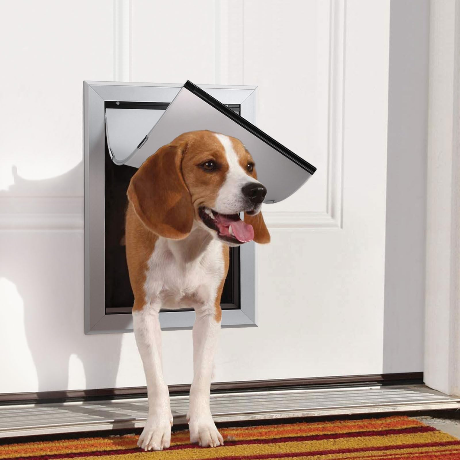 Ownpets Aluminum Large Dog Door - Heavy Duty Pet Door with Magnetic Flap, Lockable Sliding Panel for Dogs up to 100lbs, Silver
