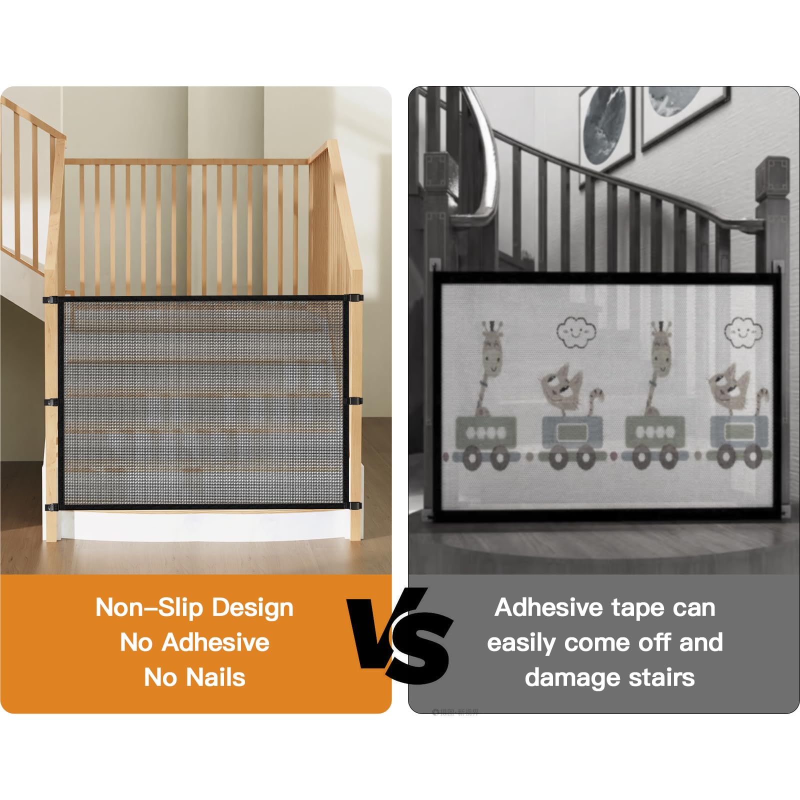 Dog Pet Mesh Stairs - Baby Safety Barrier for Stairway - No Drilling Indoor Puppy Gates - Banister to Banister Baby Gates