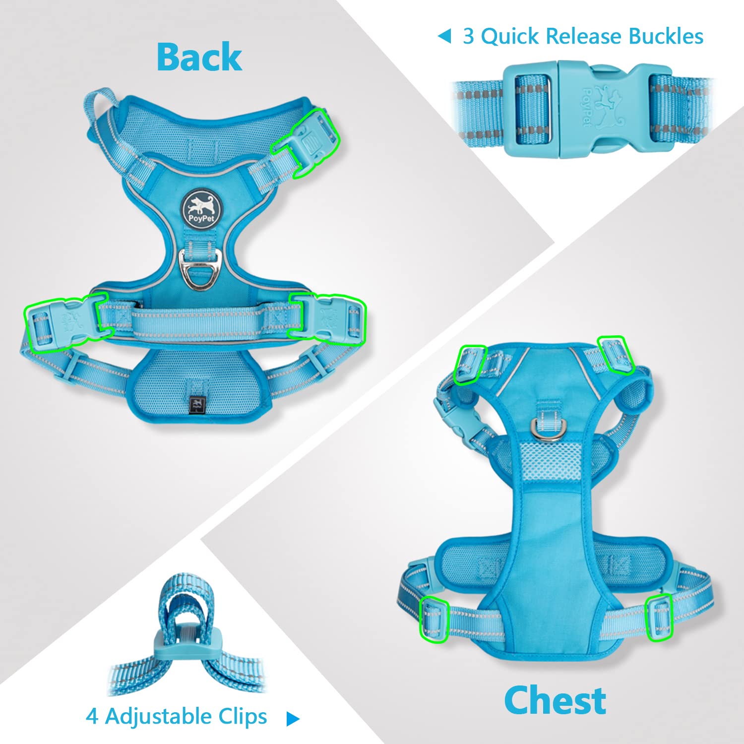 Poypet No Pull Dog Harness, No Choke Reflective Dog Vest, Adjustable Pet Harnesses With Easy Control Padded Handle For Small Medium Large Dogs(Blue,S)