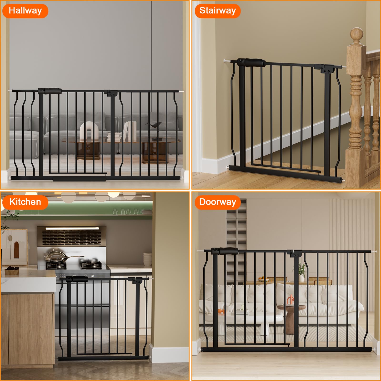 Hoooen Extra Wide Baby Gate Extra Wide Extra Tall Dog Gates For Stairs Doorways Black Metal Tension Indoor Safety Gates With Pressure Mount 76.38-81.1 Inch