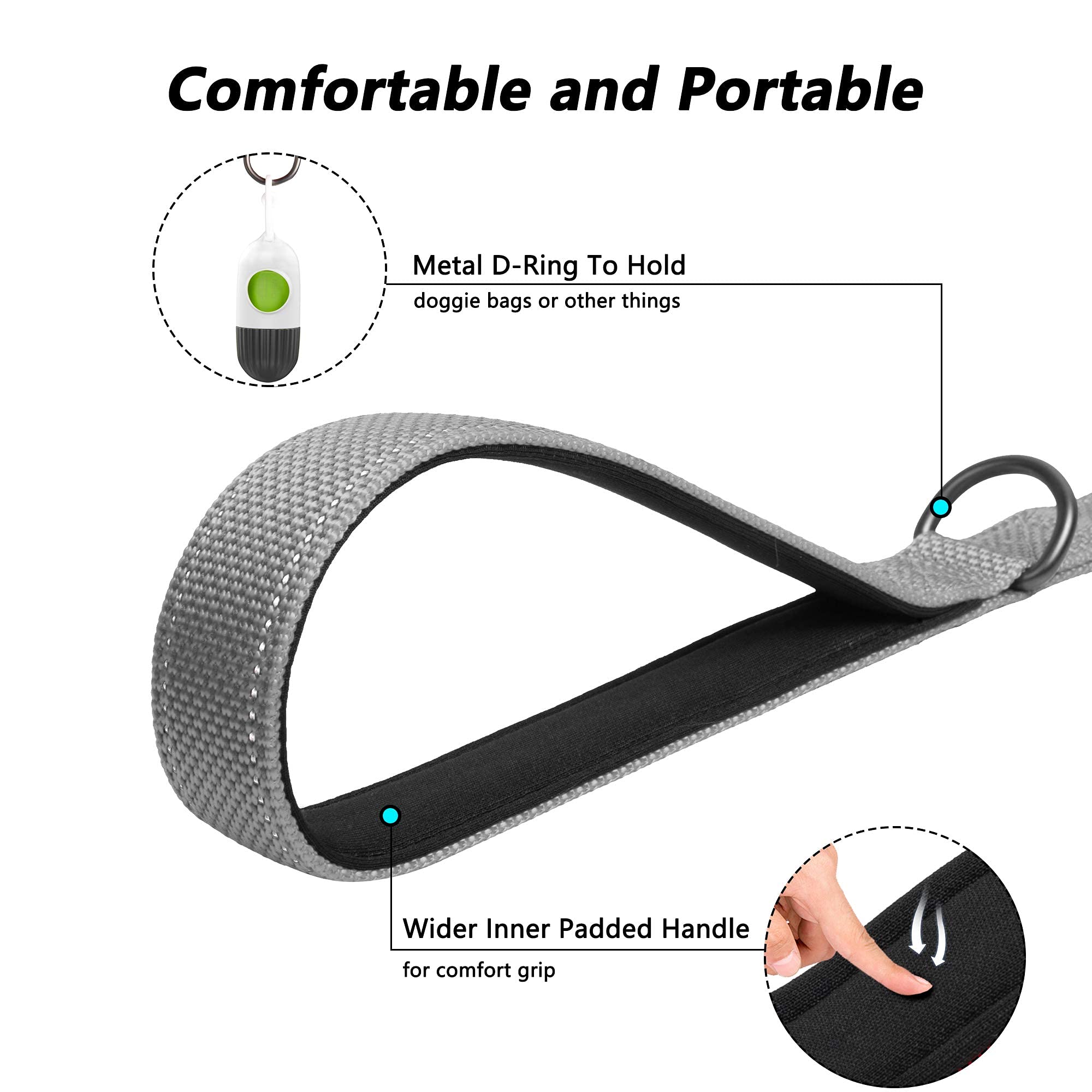 Petifine 5Ft Heavy Duty Dog Leash With Soft Padded Double Handle, Durable Strong Clasp Dog Leashes, Reflective Nylon Walking Lea