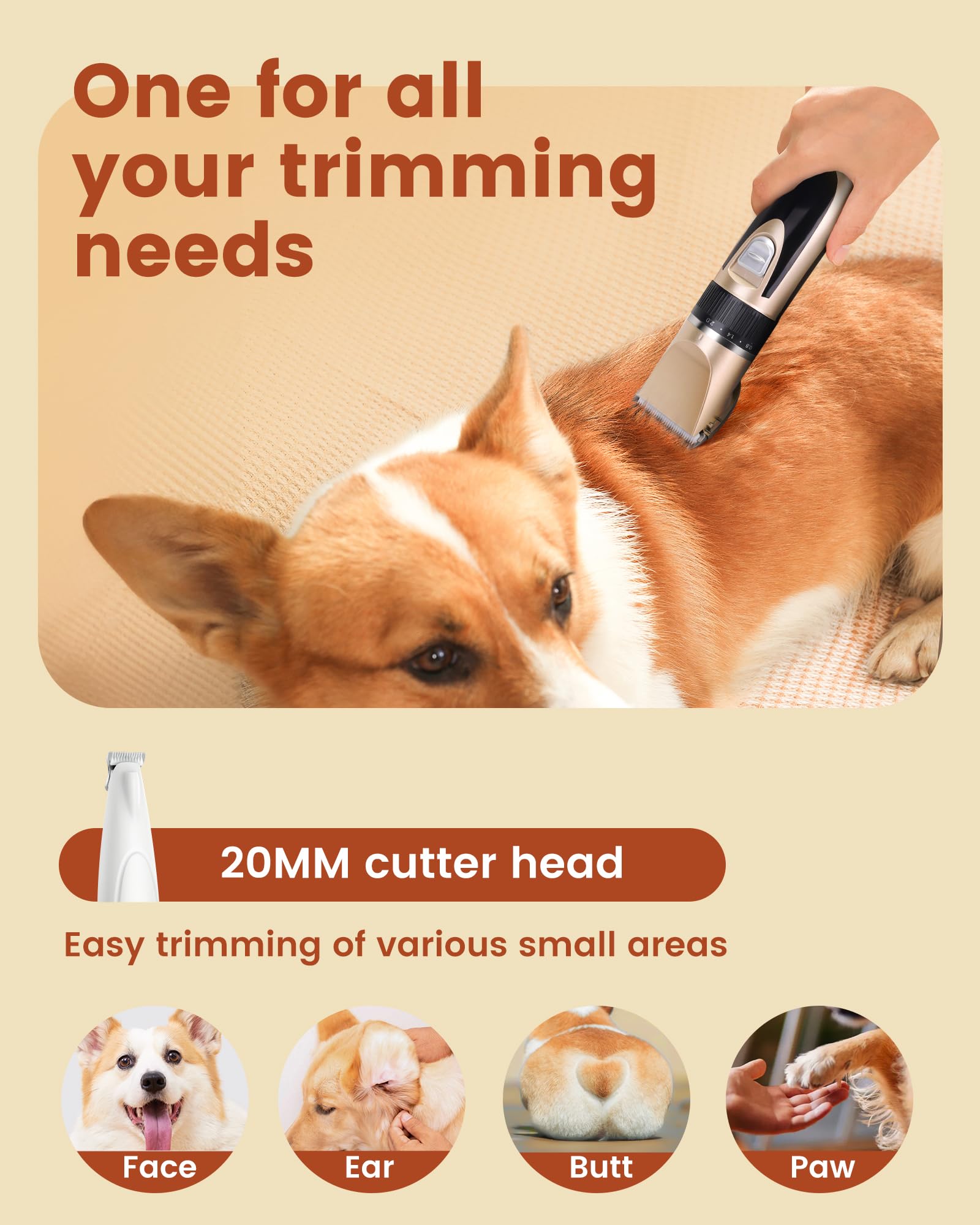 PAPMINI 2 in 1 Dog Grooming Kit, Low Noise Rechargeable Clippers & Paw Trimmer, Gold, for Small Dogs & Cats