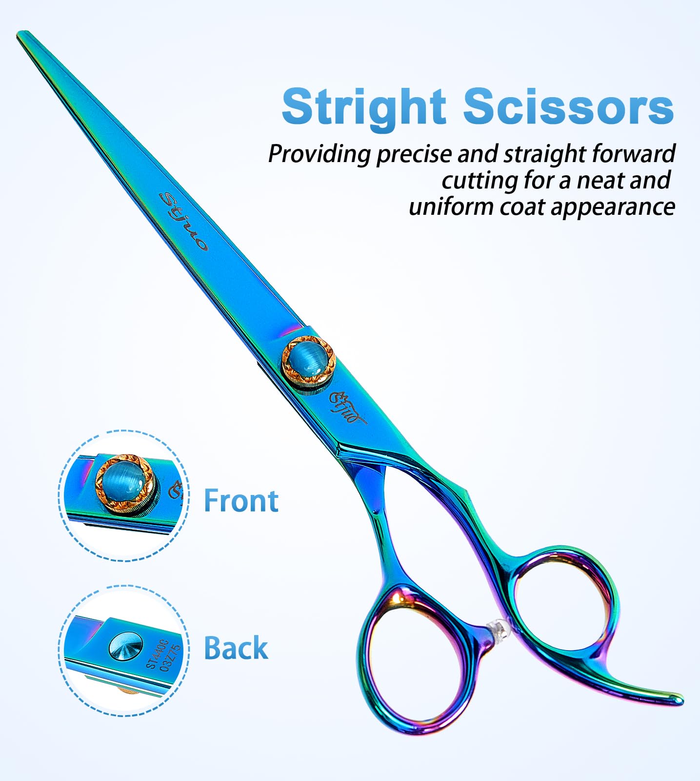 Stjuo 7.5'' Dog Straight Scissors For Grooming 440C Stainless Steel Green Professional Pet Trimming Scissors Sharp Blades Cuttin