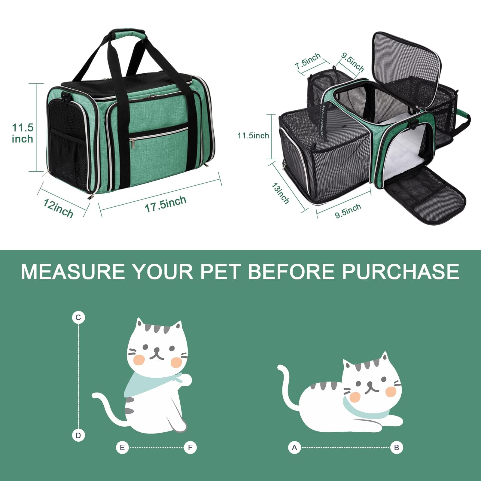 Baglher Pet Travel Carrier, Cat Carriers Dog Carrier For Small Medium Cats Dogs Puppies, Airline Approved Small Dog Carrier Soft Sided, Collapsible Puppy Carrier. Green