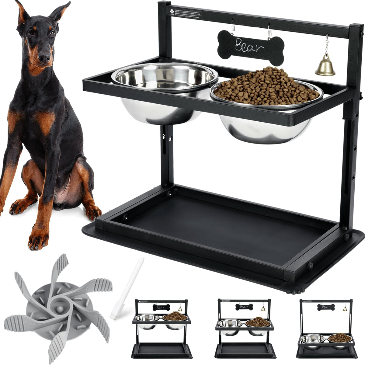 SHAINFUN Elevated Dog Bowls with Slow Feeder,Raised Dog Bowl Stand for Large Dogs Adjustable Height with Two 1700ML Stainless St