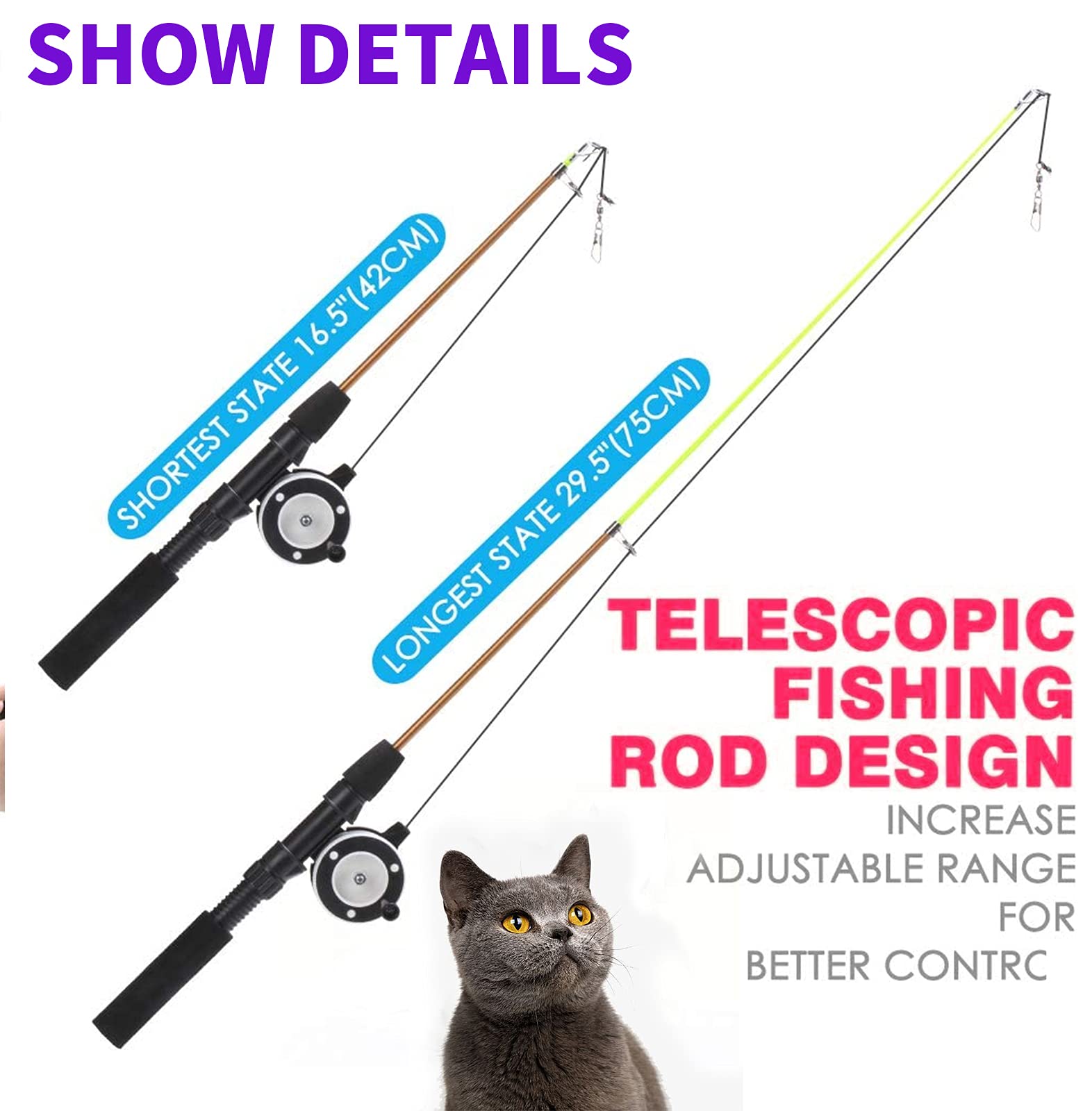 Whefory Retractable Cat Teaser Wand Toy, Cat Toys For Indoor Outdoor Cats Interactive Fishing Rod With 8 Pcs Refills Feather Toy, Plush Mouse Caterpillar & Fish