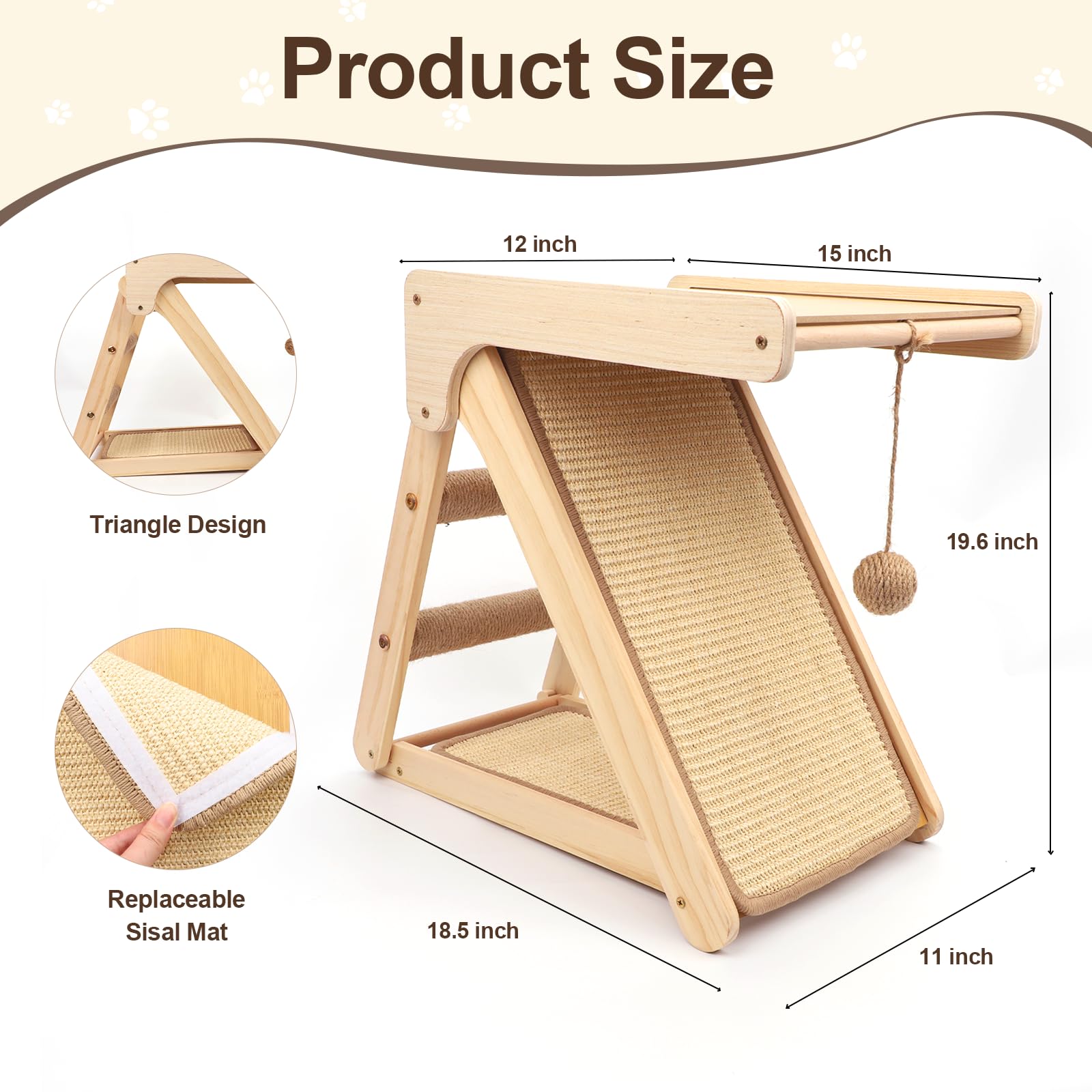 BluGun Cat Scratching Pad Ramp - Solid Wood Sisal Scratcher with Wooden Teaser, Ideal for Kittens and Cats