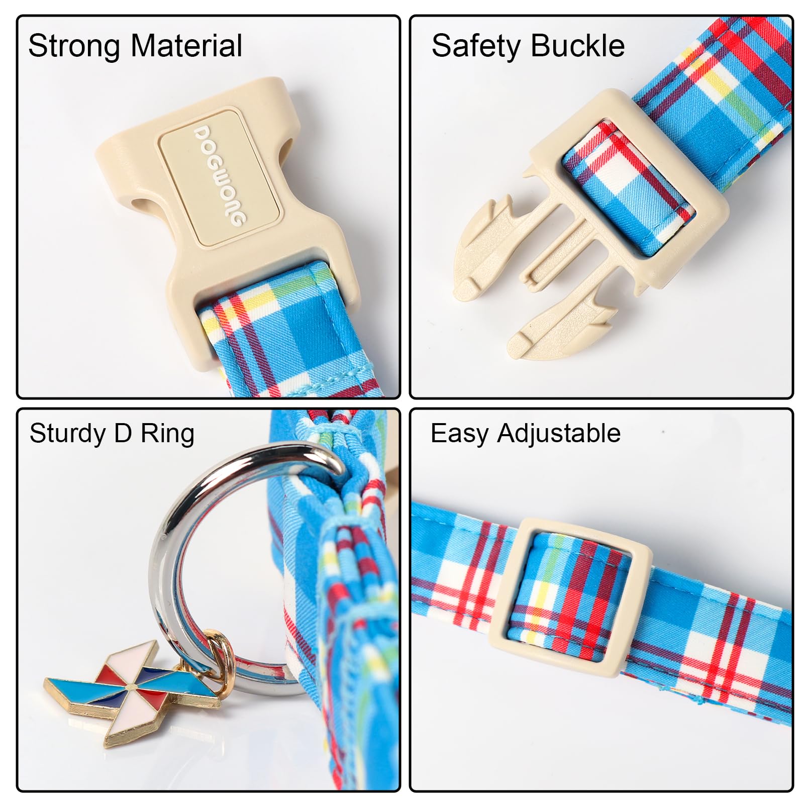 Dogwong Blue Plaid Dog Collar- Cute Checkered Dog Collars Adjustable Designer Blue Puppy Dog Collar For Small Medium Large Dogs