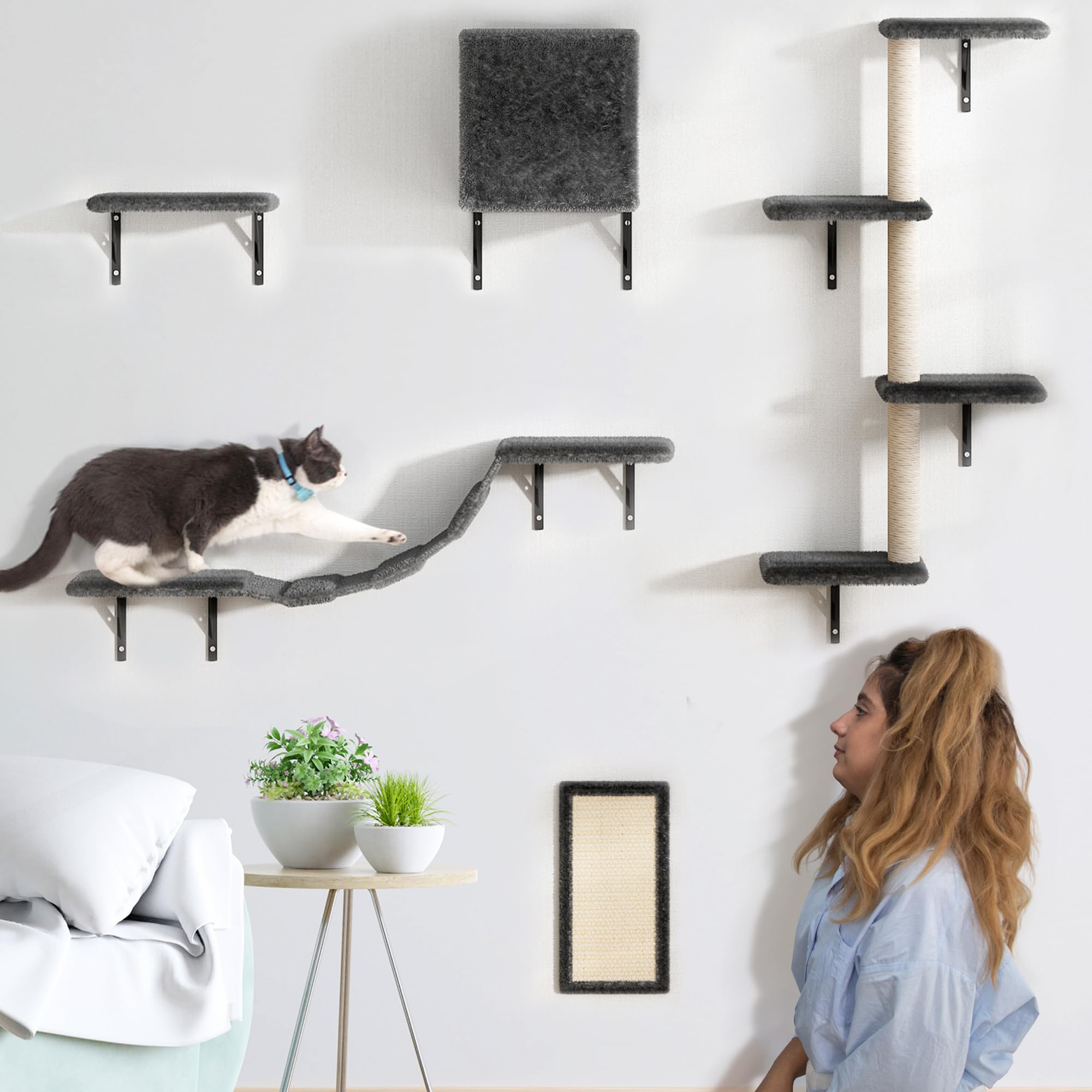 COZIWOW Cat Wall Shelves and Mounted Perches, Cat Climber Set with 5pcs Including Cat Scratching Post, Hanging Bed, House, Steps
