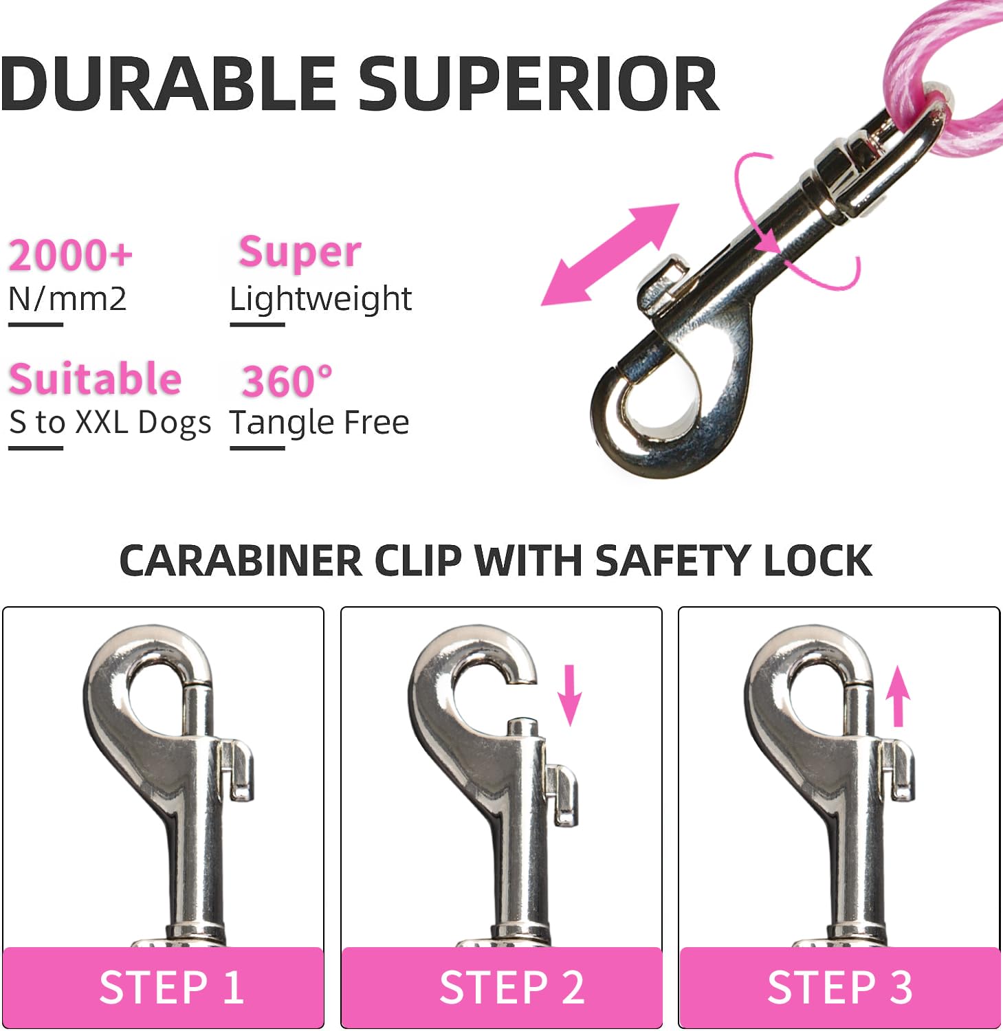 20Ft Tie Out Cable For Dogs Up To 350Lbs - Pink, Rust Proof, No Tangle, Ample Length For Yard And Camping