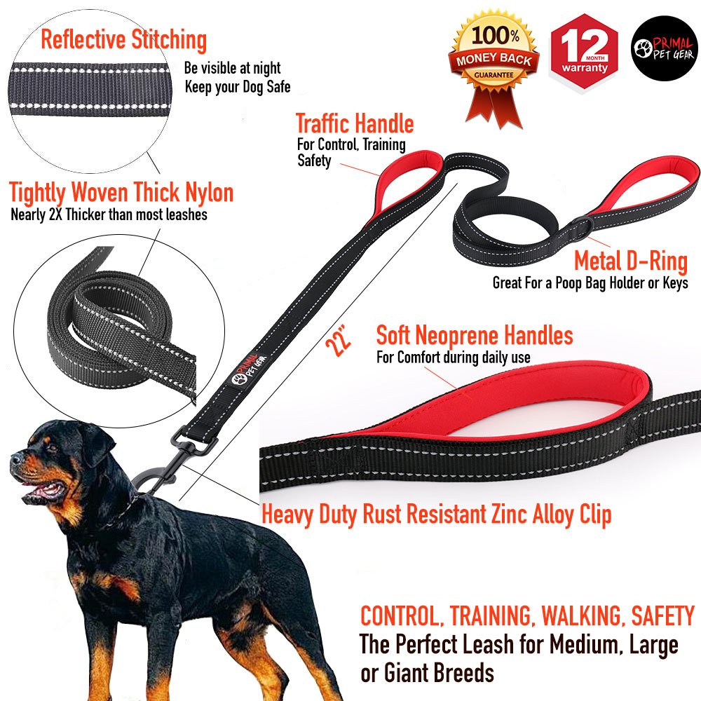 Primal Pet Gear Dog Leash 6Ft Long,Traffic Padded Two Handle,Heavy Duty,Reflective Double Handles Lead For Control Safety Traini