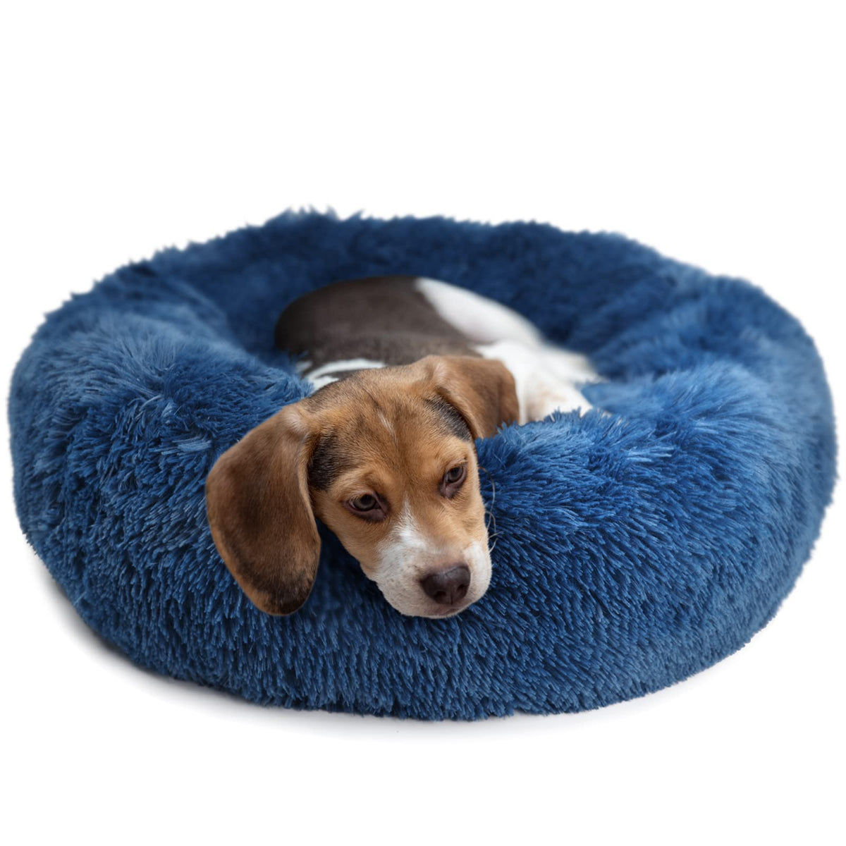 Calming Dog Bed For Medium Dogs Washable Donut 30 Inches Anti-Slip Pet Bed,Round Fluffy Plush Faux Fur Cat Bed,Fits Up To 45 Lbs Pets,Navy Blue