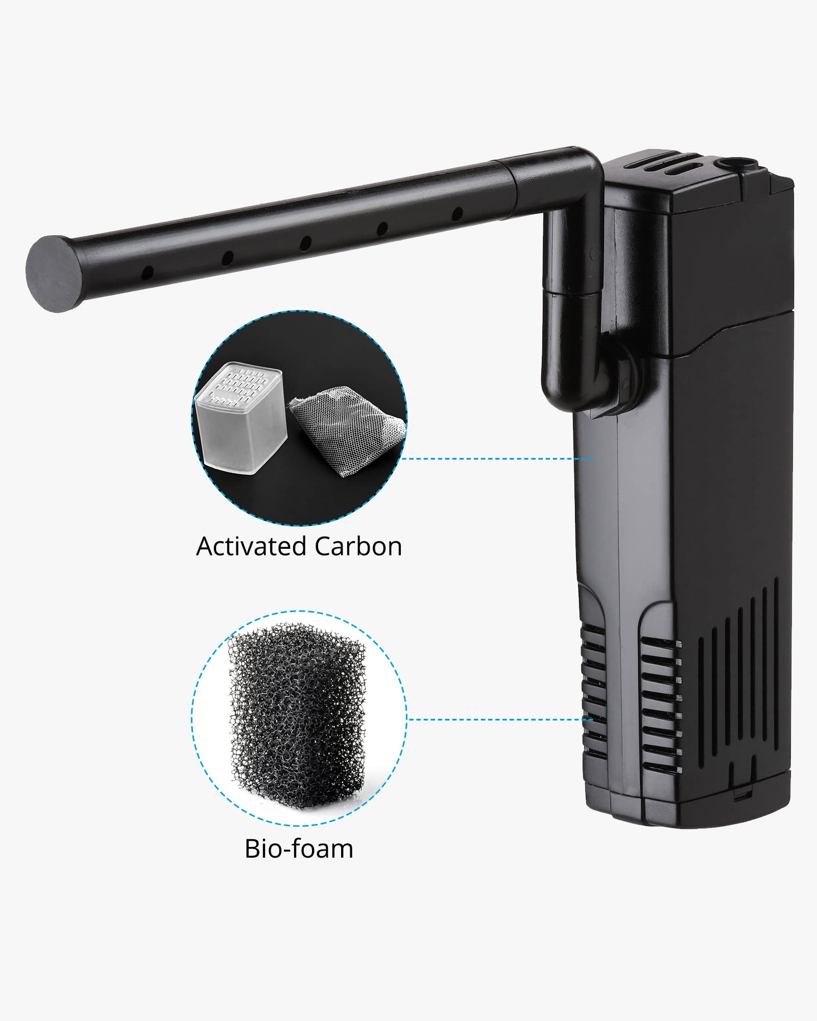 Nicrew Aquarium Internal Filter, Submersible Power Filter With Multiple Function, Aeration System With Sponge Filter For Fish Tanks 10-20 Gallon, 100 Gph, 7W