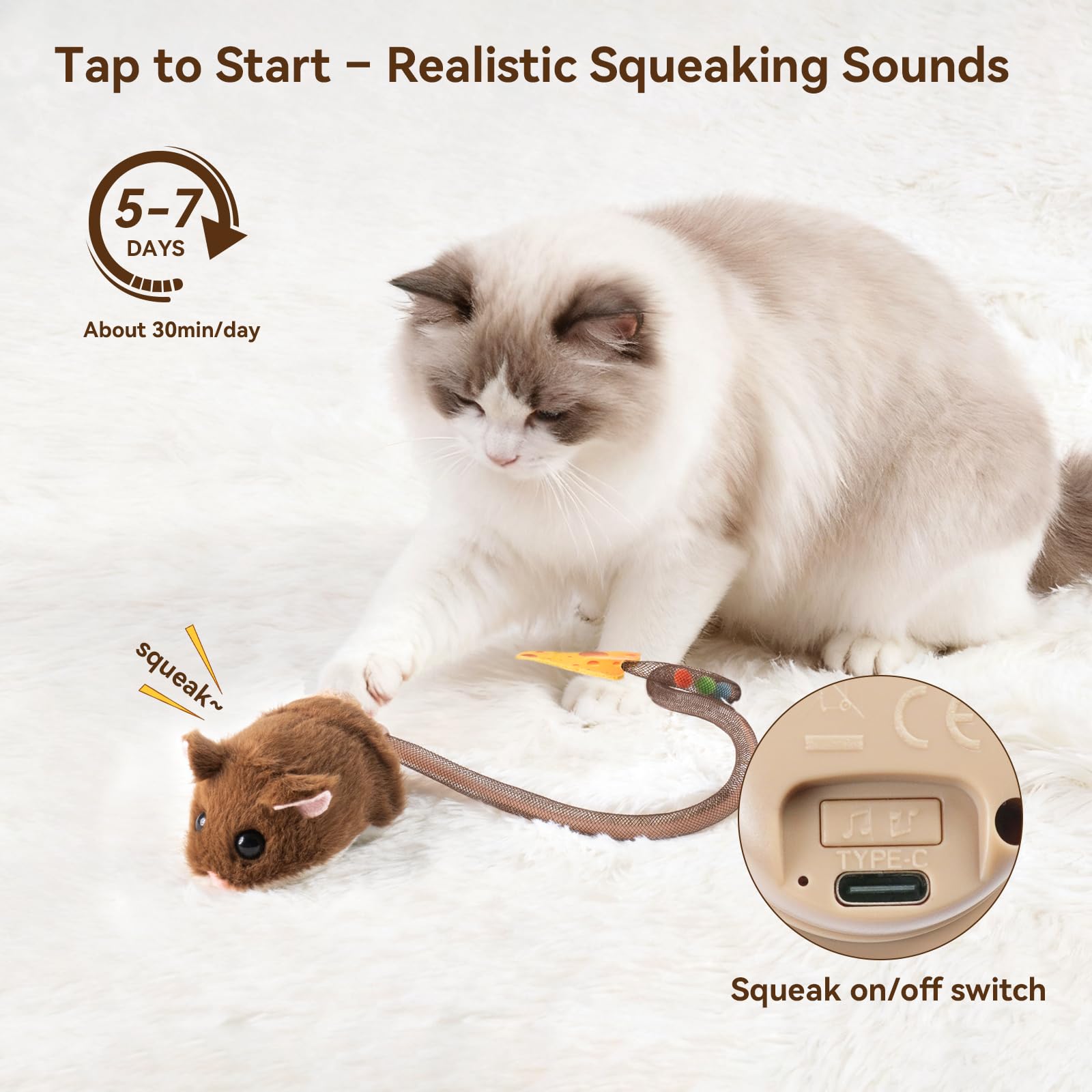 Migipaws Interactive MigiMouse Cat Toy 360 Rolling & Spin with Wiggling Tail for Indoor Cats Smart Motion Sensor, Realistic Sque