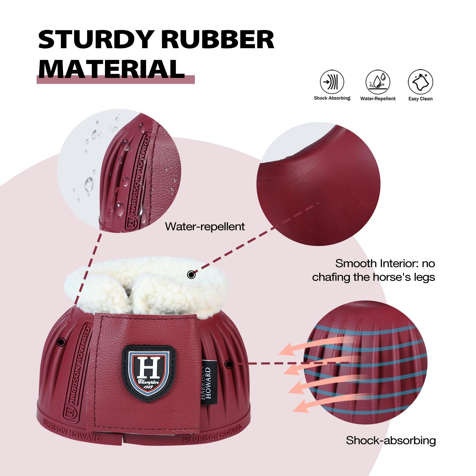 Harrison Howard Rubber Pull-On Bell Boots With Fleece Lining And Extra-Large Leather Touch-Close Tape Hoof Overreach Protection