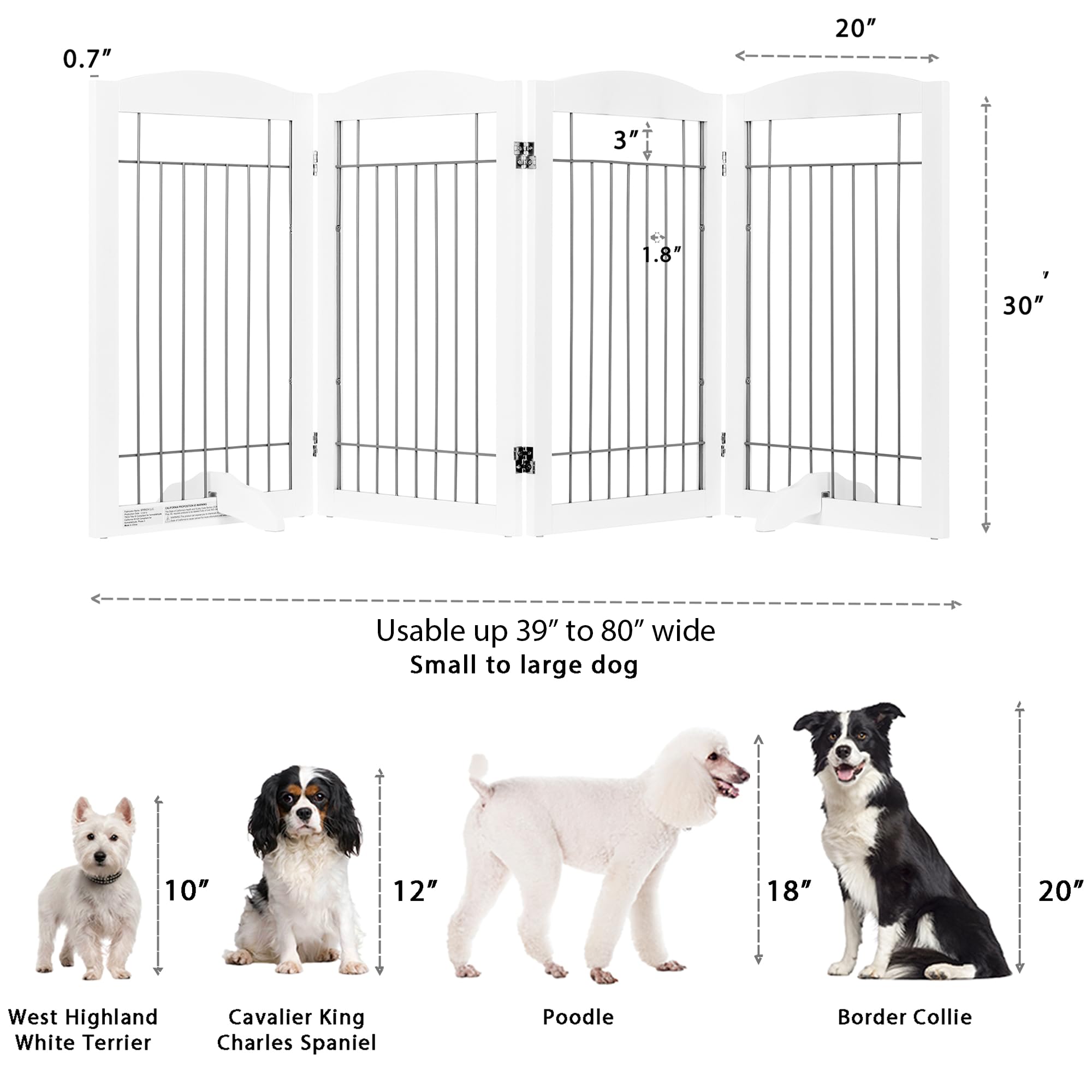 Spirich Extra Wide And Tall Dog Gate For The House, Doorway, Stairs, Freestanding Foldable Wire Pet Gate For Dogs, 80-Inch Wide,30 Inches Tall, White (4 Pannels)