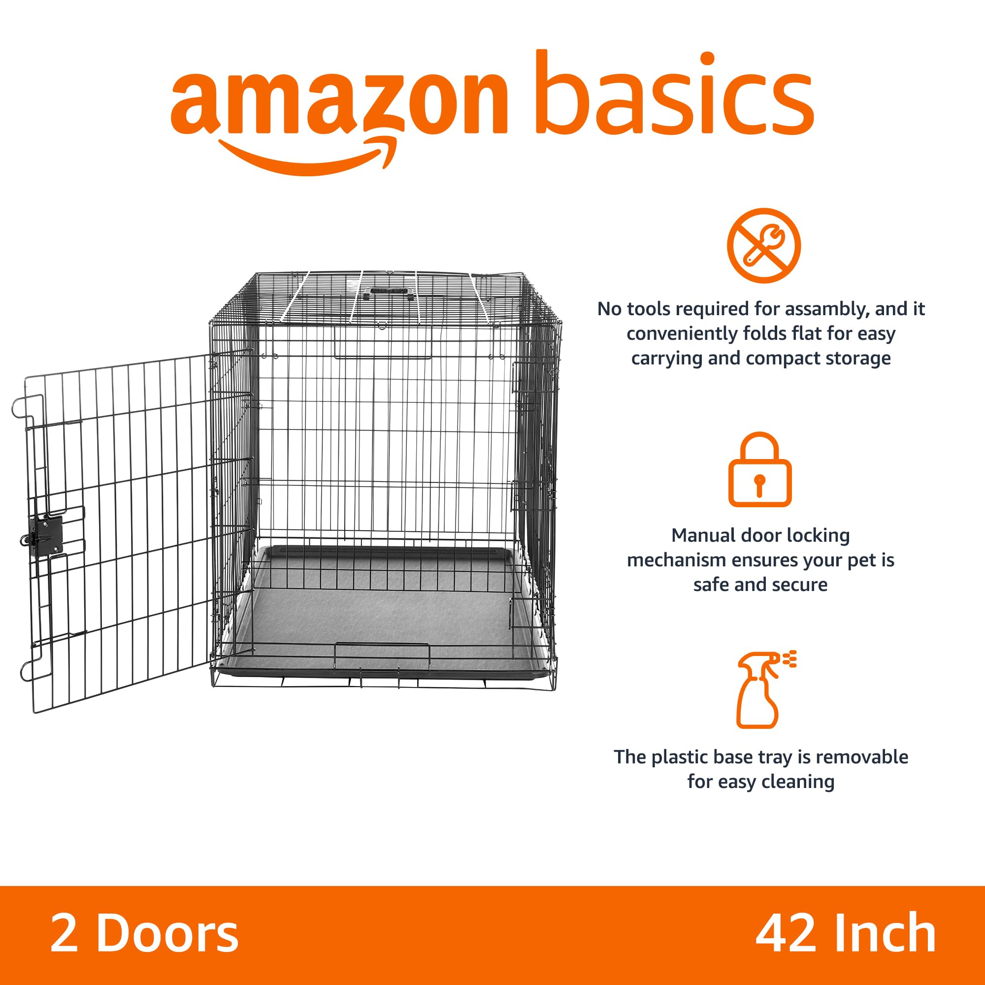 Amazon Basics Durable Foldable Metal Wire Dog Crate, Double Door, 42"x28"x30", Black, Model 9001N-42B