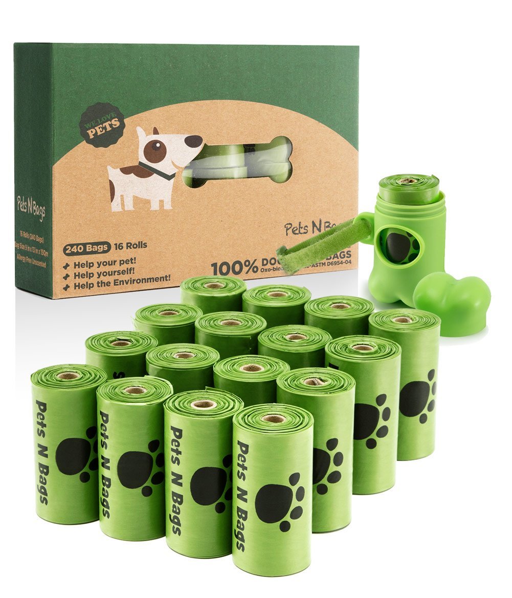 Poop Bags, Environment Friendly Pets N Bags Dog Waste Bags, Biodegradable, Refill Rolls, Includes Dispenser (16 Rolls / 240 Count)