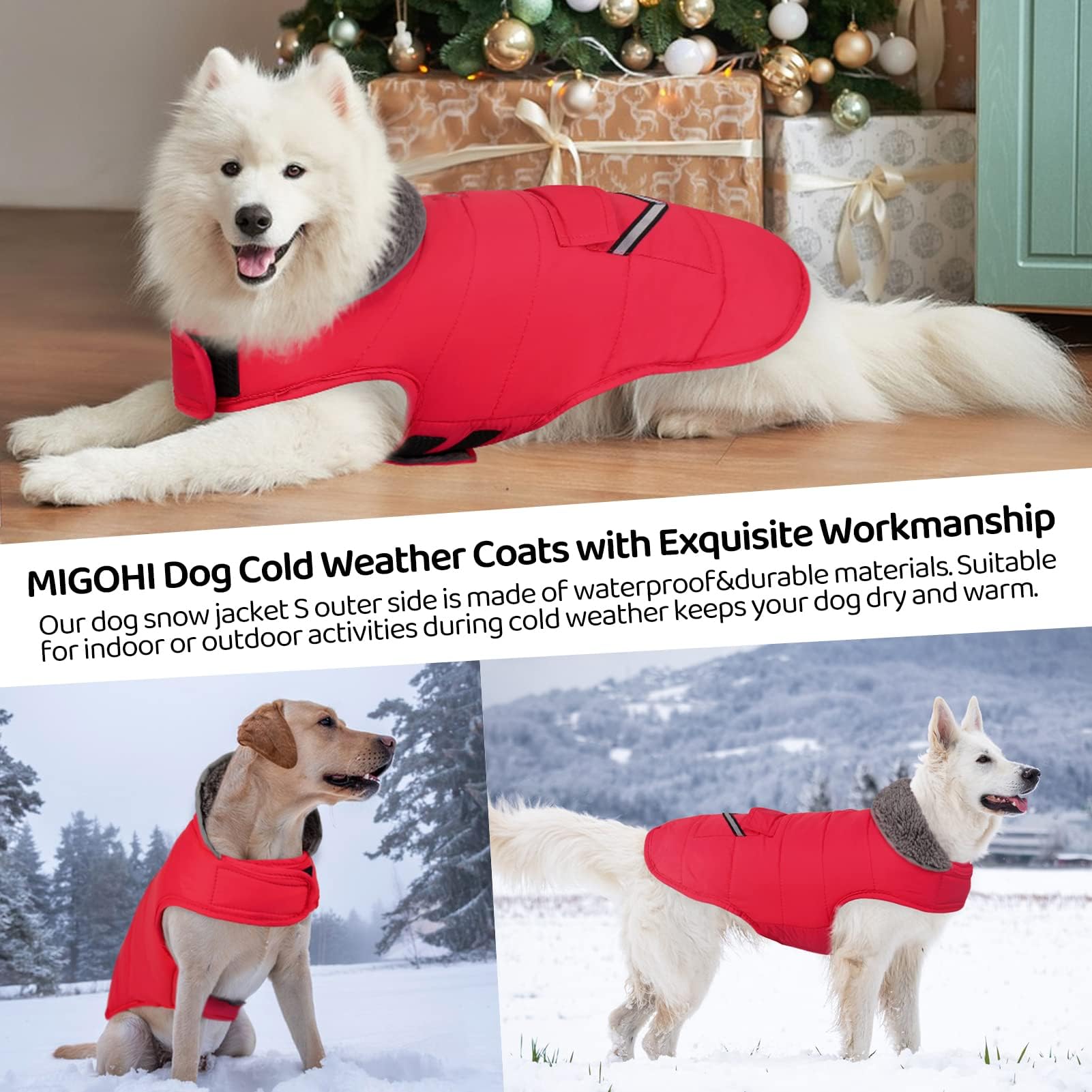 MIGOHI Winter Dog Jacket, Windproof Dog Fleece Vest with Leash Hole and Furry Collar, Reflective, Red, Small to Large