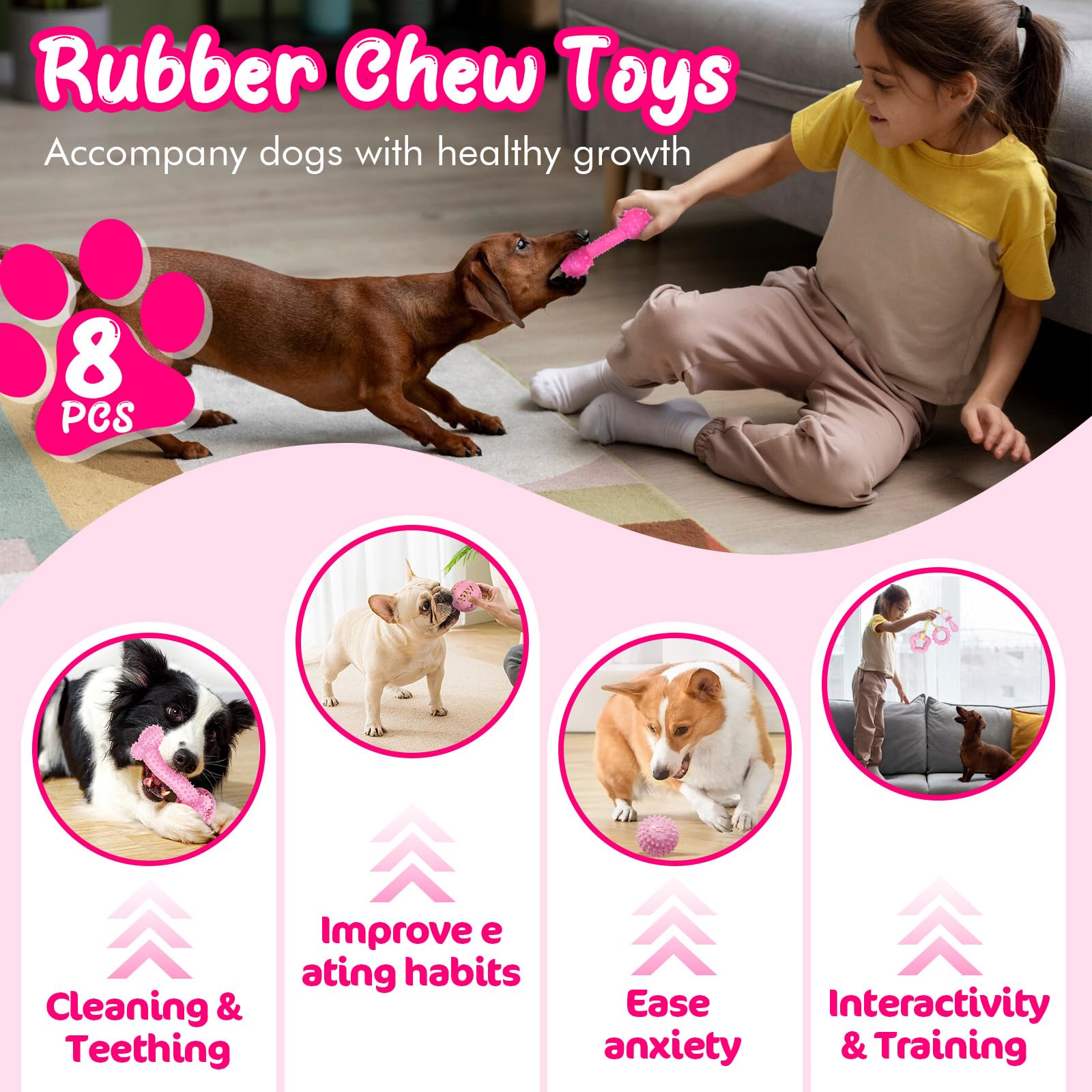Omivine Puppy Chew Toys for Teething Small Dogs, 8 Pack Pink Puppy Toys for Teething Treat Interactive to Keep Them Busy, Cute S