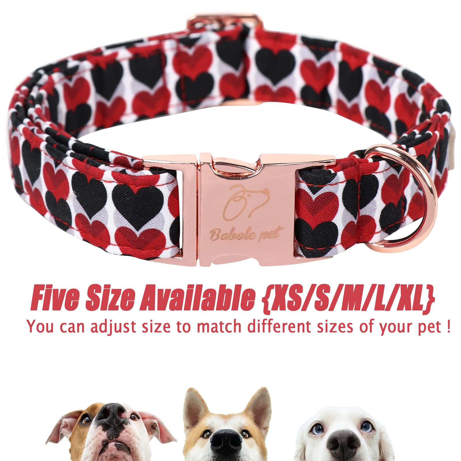 Babole Pet Valentines Dog Collar, Red Black Heart Valentine Pet Collar With Metal Buckel, Durable Adjustable Holiday Dog Collars