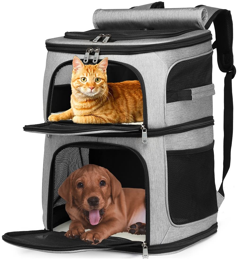 Double Cat Carrier, Cat Backpack Carrier for 2 Cats, Multi Dog Backpack, Two Cat Carrier with 7 Ventilation Windows, Built-in Fr