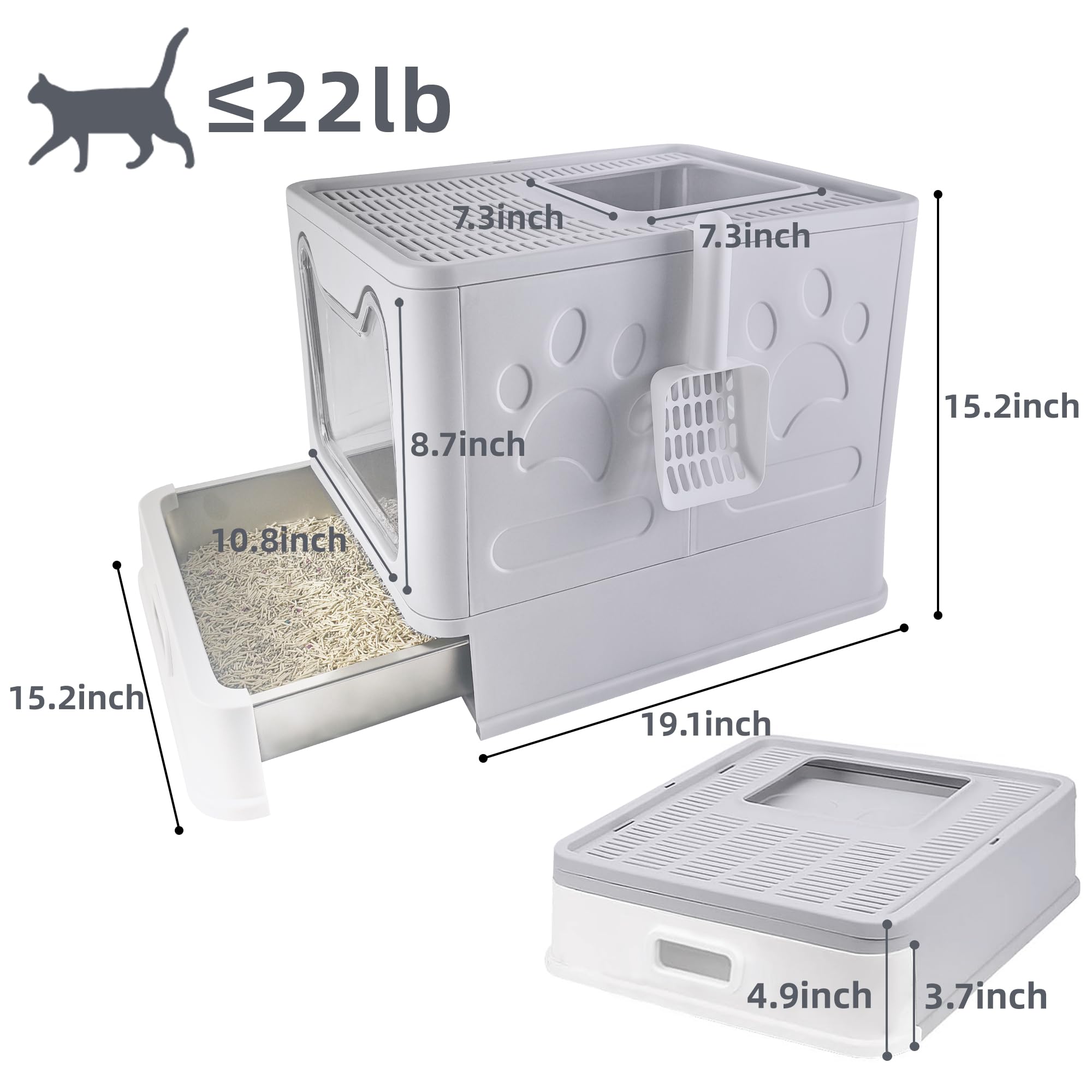 Tokenkuko Stainless Steel Foldable Litter Box With Lid,Enclosed Cat Litter Box,Front Entry Top Exit Kitty Litter Box,Large Litte