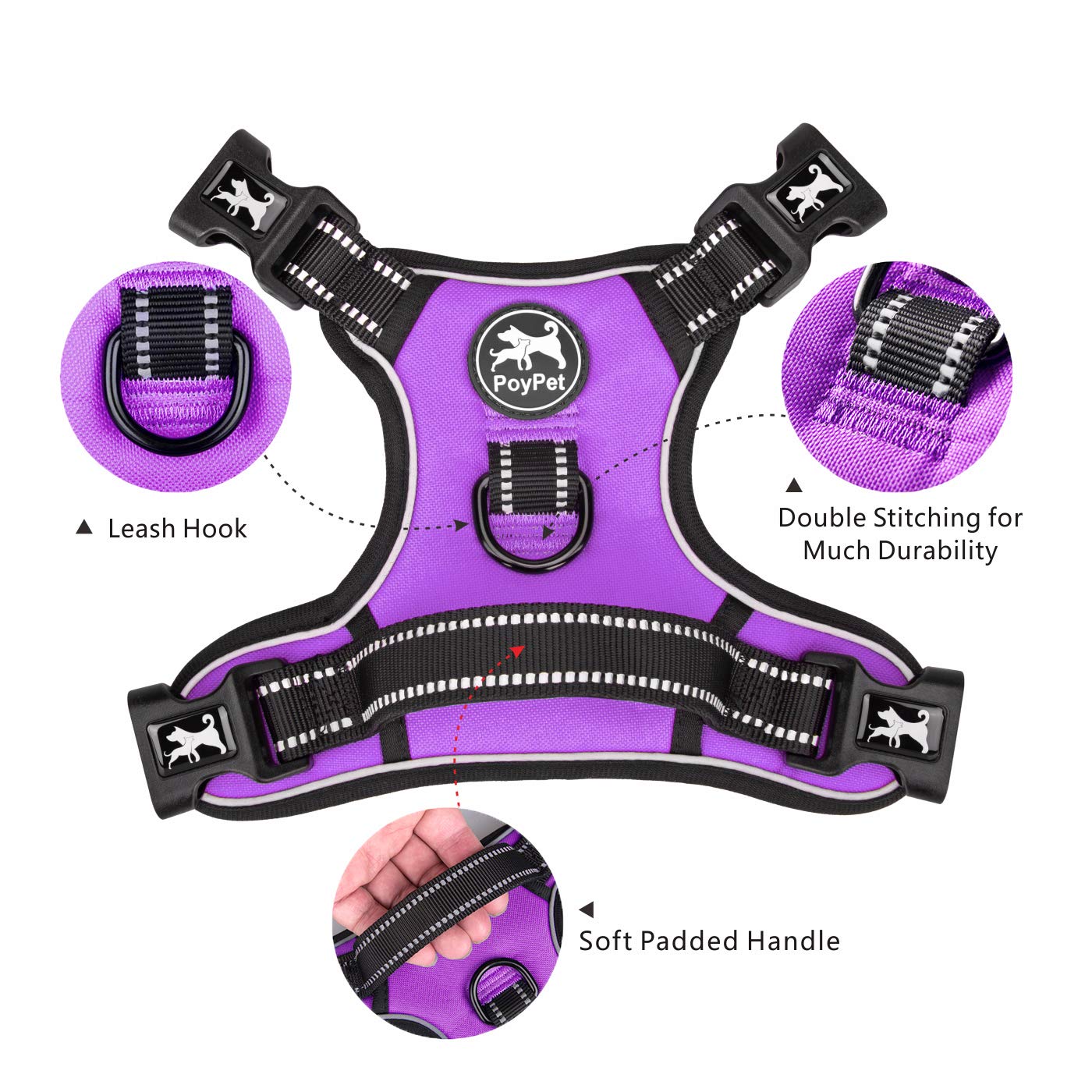 Poypet 2019 Upgraded No Pull Dog Harness With 4 Snap Buckles, Reflective With Front & Back 2 Leash Hooks And An Easy Control Handle [No Need Go Over Dog’S Head] (Purple,S)