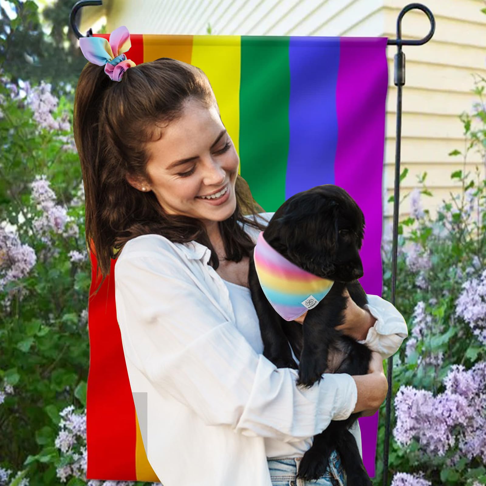 E-Clover Rainbow Dog Bandana & Matching Scrunchie Pink Purple Yellow Pet Dog Scarf Cute Dog Costumes Accessories For Small Dogs