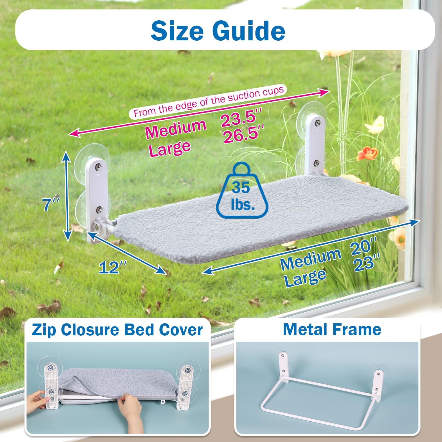 Zakkart Easy Fold Cat Window Perch - Cordless, Fold-Up, Zip Closure Embeded Machine Washable Bed Cover, Robust Metal Frame - Cat