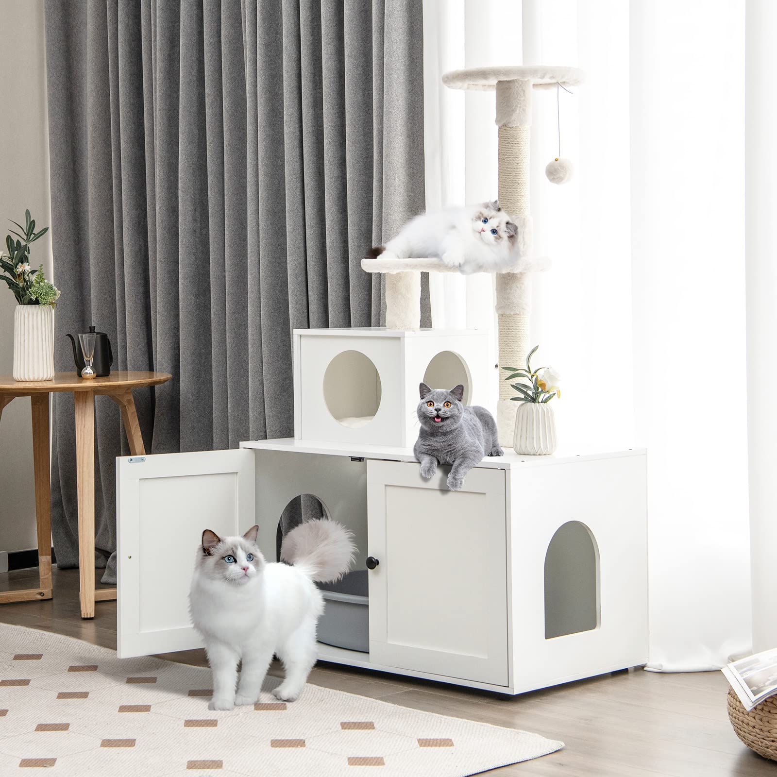 Tangkula 2-In-1 Litter Box Enclosure With Cat Tree Tower, Hidden Washroom With Condo, Plush Perch, Scratching Posts, Furniture W