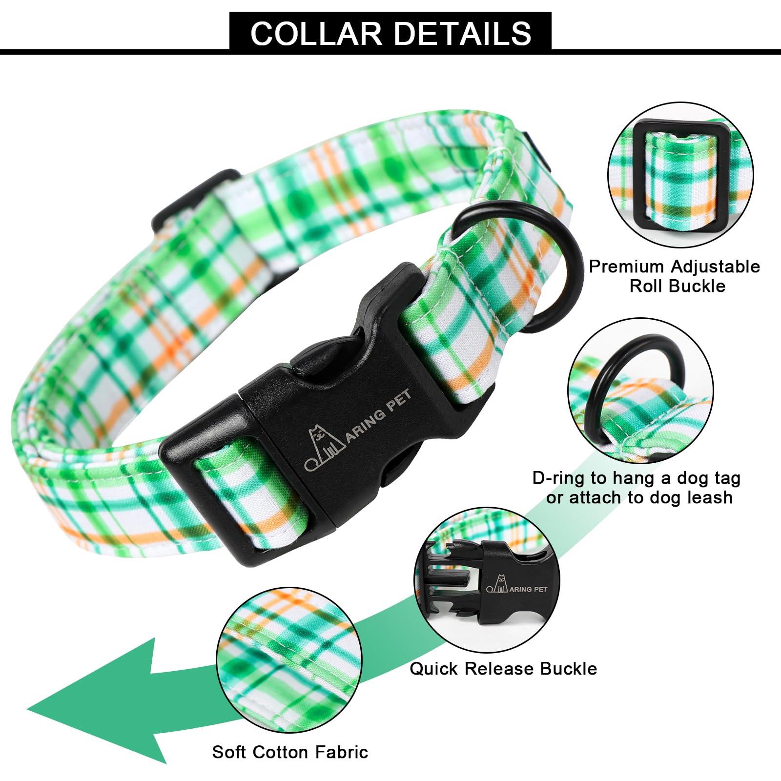 Aring Pet Cute Dog Collar-Cotton Lightweight Dog Collars, Adjustable Plaid Pet Collar Puppy Collars With Quick Release Buckle Fo