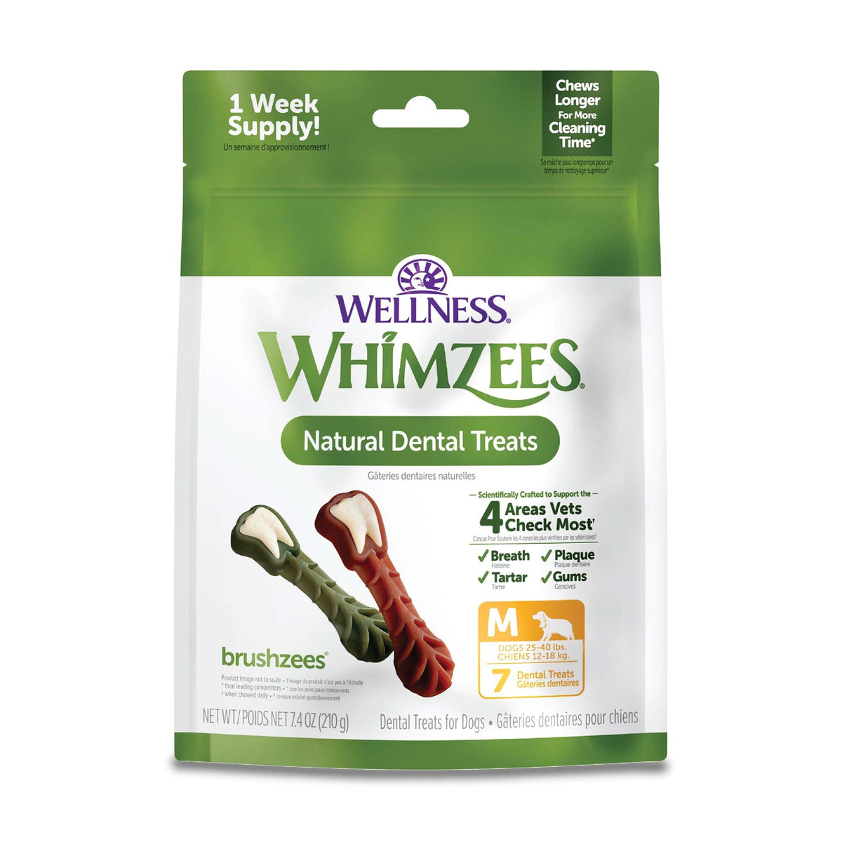 Whimzees Wellness Daily Brushzees Dog Dental Treats, Natural Chews, Medium Size Stick, (7 Count)