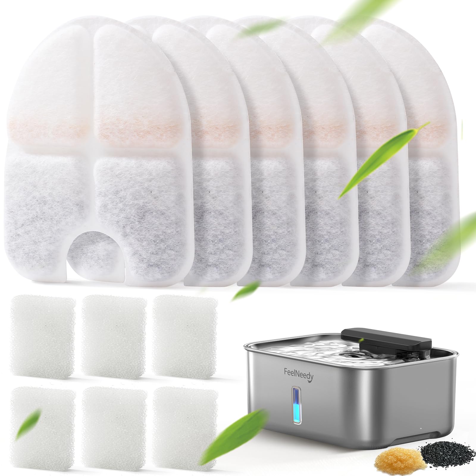 Feelneedy 6 Packs Dog Water Fountain Filters & 6 Packs Pump Filters Sponges Replacement, Pet Water Fountain Filter For 3Gal/12L 