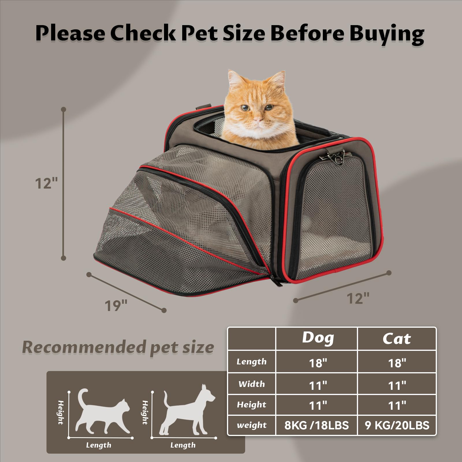 Petsfit Expandable Cat Carrier Dog Carriers,Airline Approved Soft-Sided Portable Pet Travel Washable Carrier For Kittens,Puppies,Removable Soft Plush Mat And Pockets,Locking Safety Zippers
