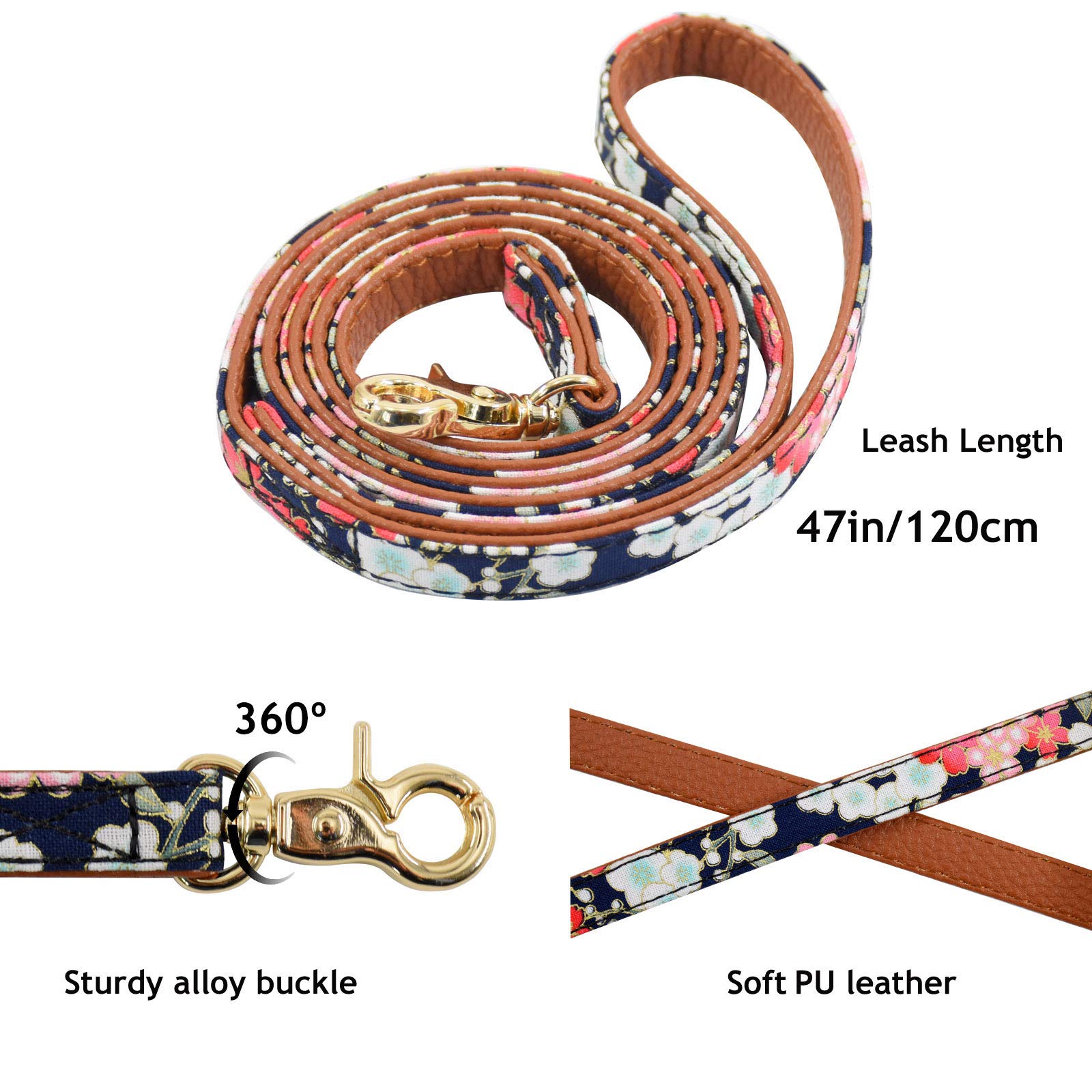 3Pcs Bow Tie Dog Collar And Leash Set Plaid/Camo/Dots/Flower Dog Bandanas With Bell 3 Size Adjustable For Small Dogs Puppies And Cats (S, Black Flower)