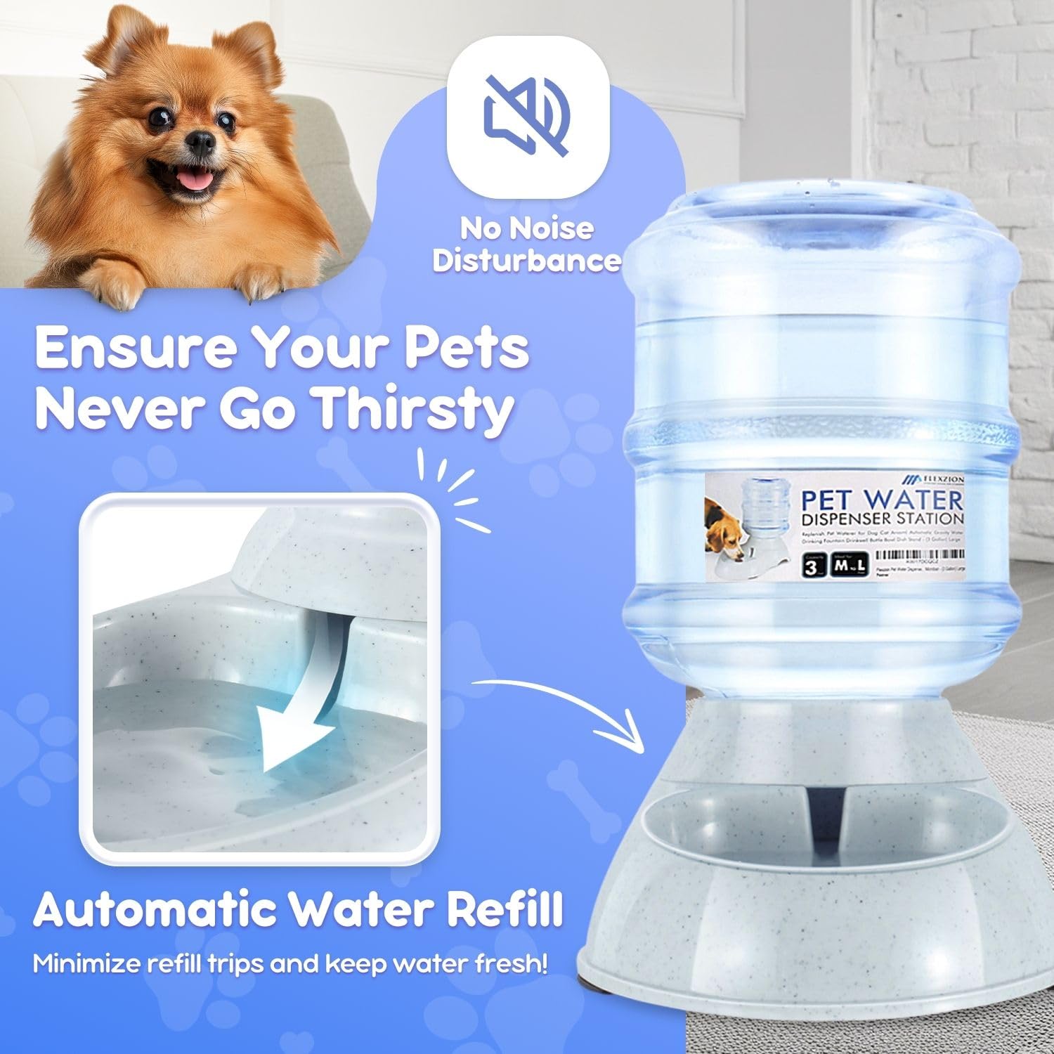Flexzion Gravity Pet Water Dispenser Drinking Station For Dogs Cats (3 Gallon) Automatic Replenish Waterer For Small Large Breed Dog Cat,Feeding Watering Fountain Supplies Bottle Dish Bowl