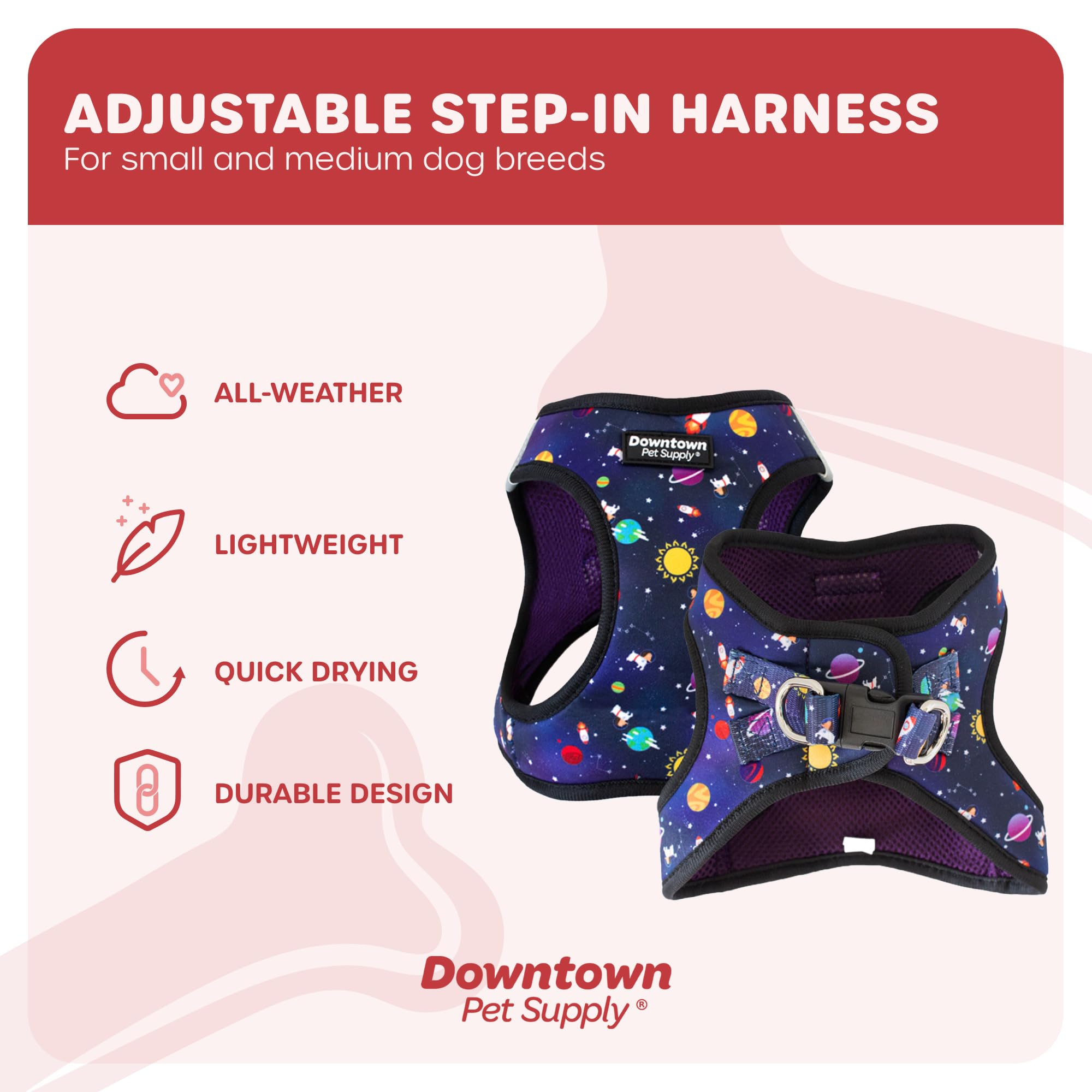 Downtown Pet Supply Step-In Dog Harness, No Pull, Large, Space, Adjustable with Padded Mesh and Reflective Trim, Model STEP-IN-HRN-PRNT-SPACE-L
