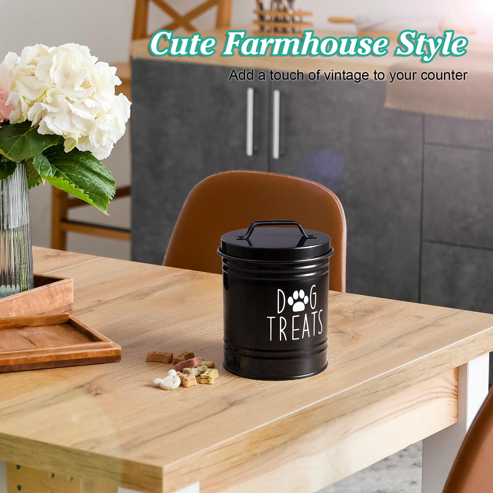 OUTNILI Small Dog Treat Container Airtight - 6 Tall X 4.9 Round Black Dog Treat Jar for Kitchen Counter - Rustic Treat Storage C
